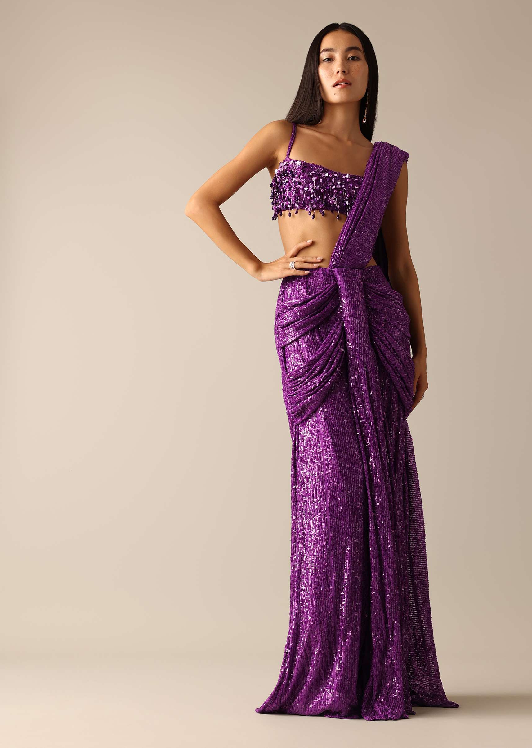 Purple Pre- Pleated Saree With Embroidered Blouse