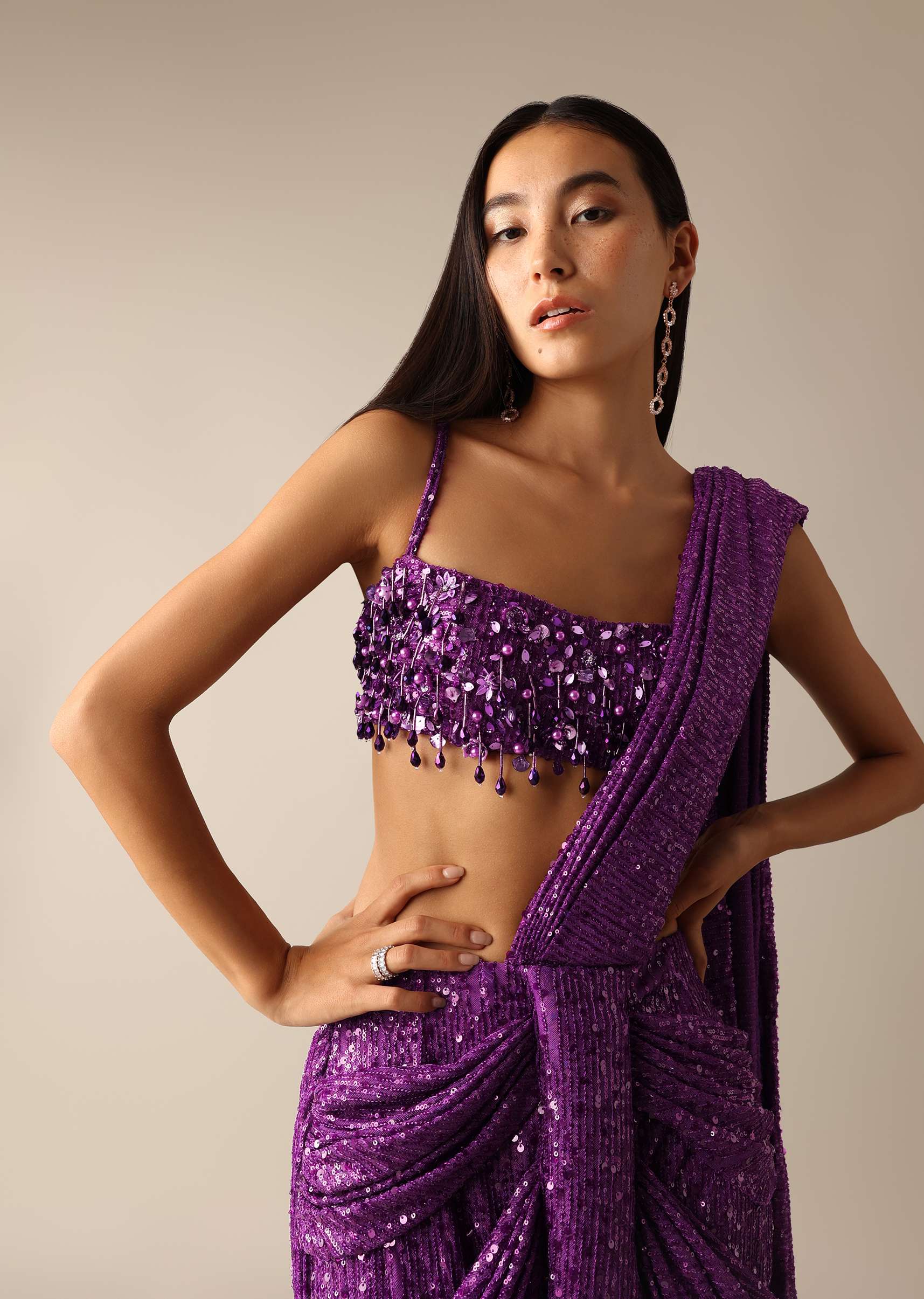 Purple Pre- Pleated Saree With Embroidered Blouse