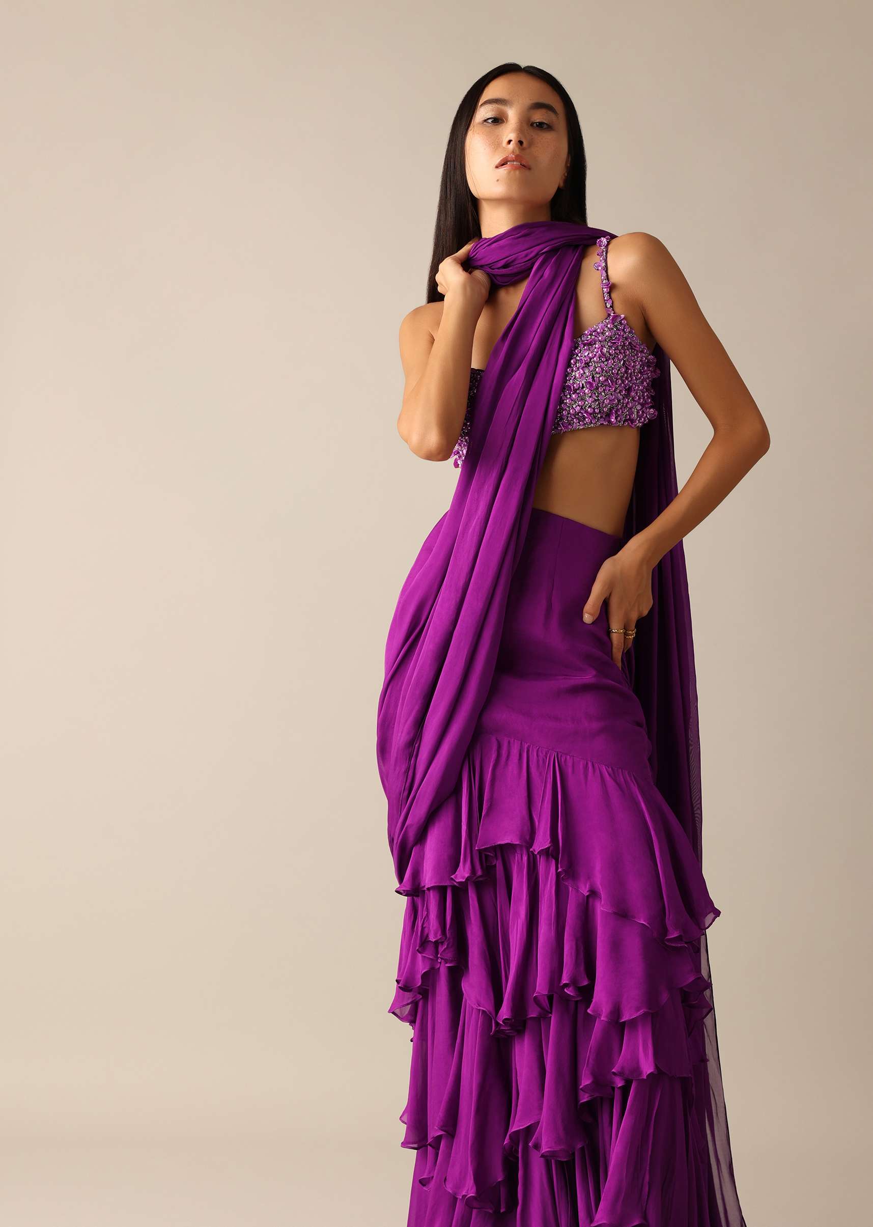 Purple Pre-Draped Layered Frill Saree With Embroidered Blouse - Deme X Kalki