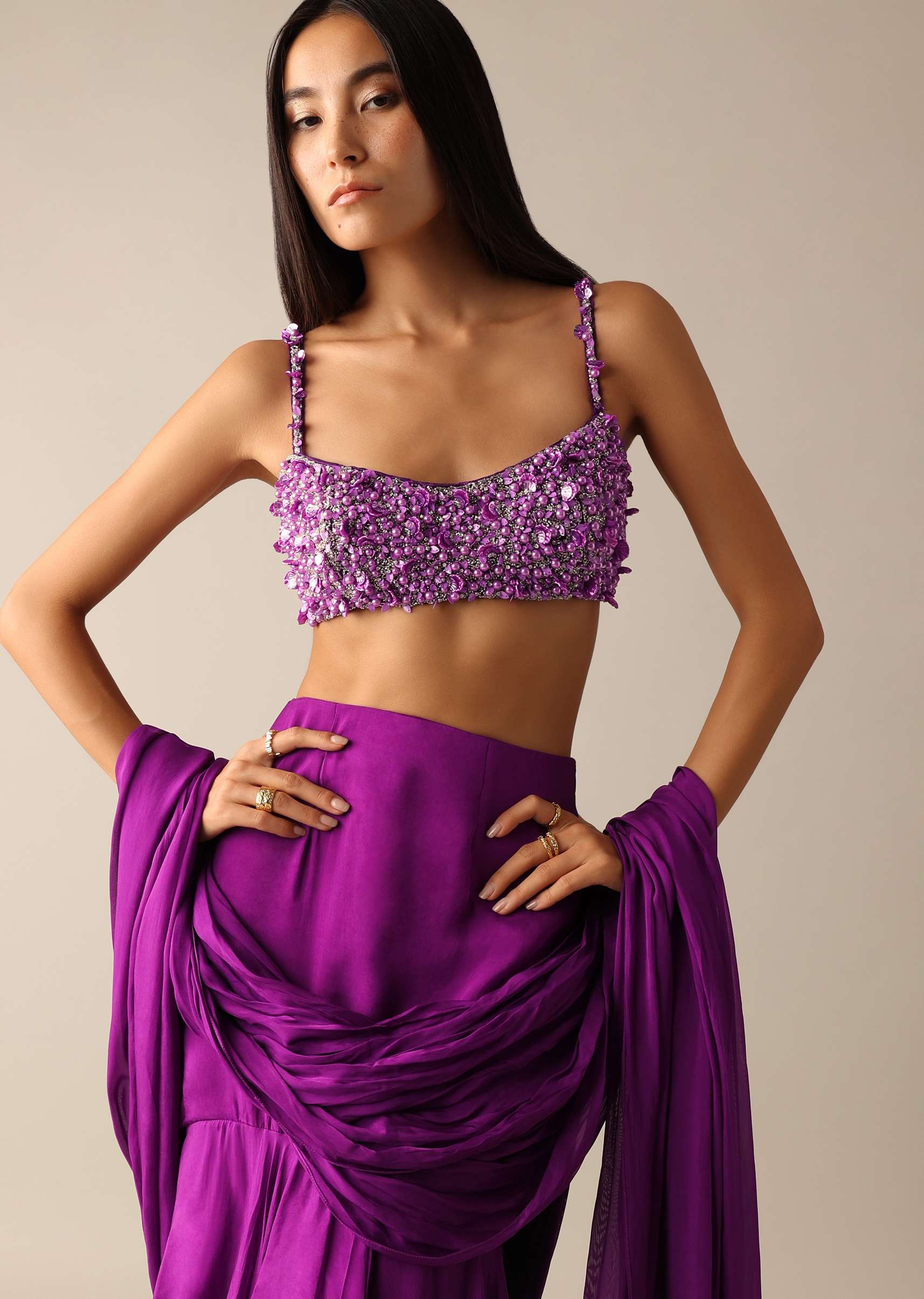 Purple Pre-Draped Layered Frill Saree With Embroidered Blouse - Deme X Kalki