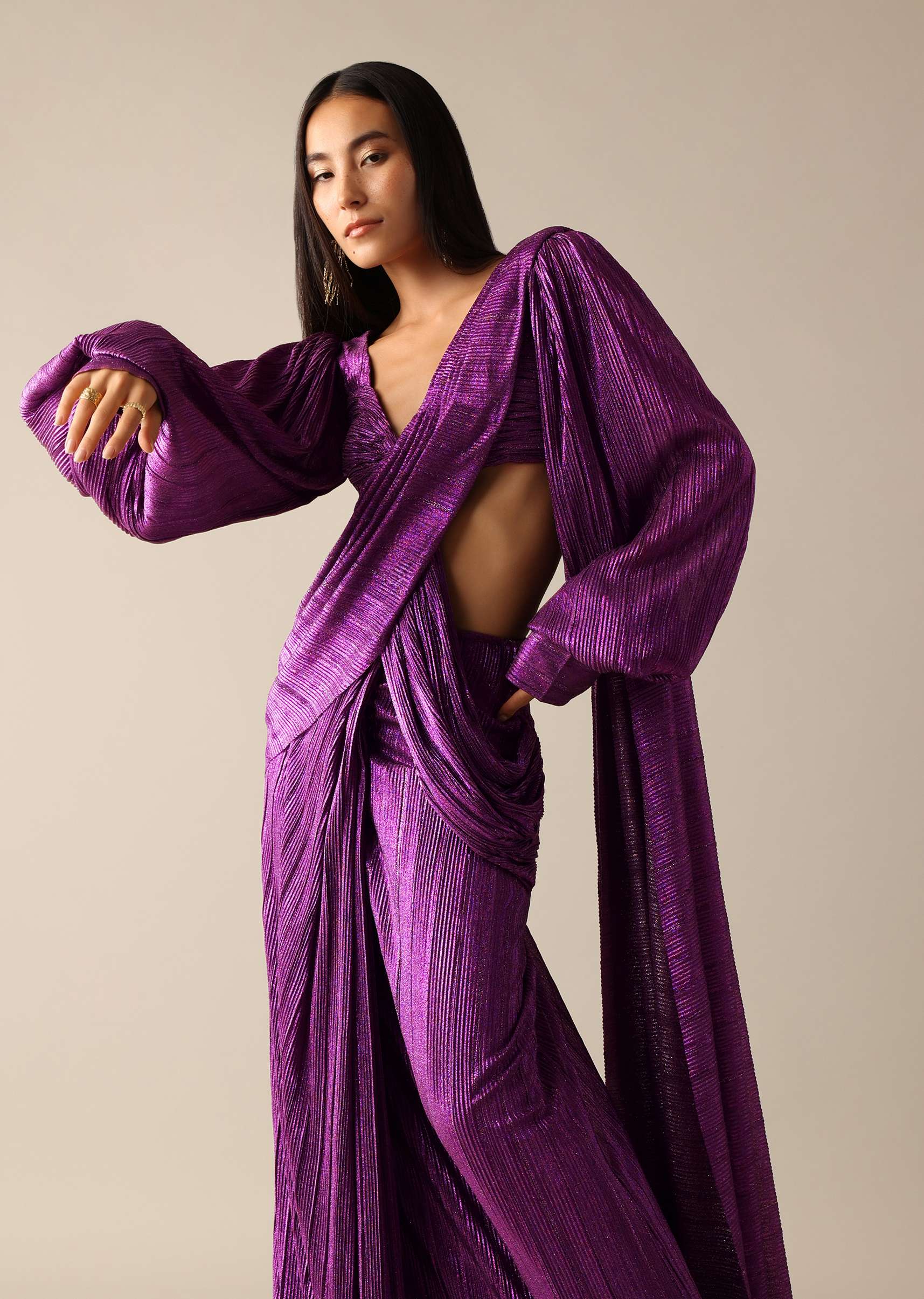 Purple Shimmer Pre-Draped Saree Gown