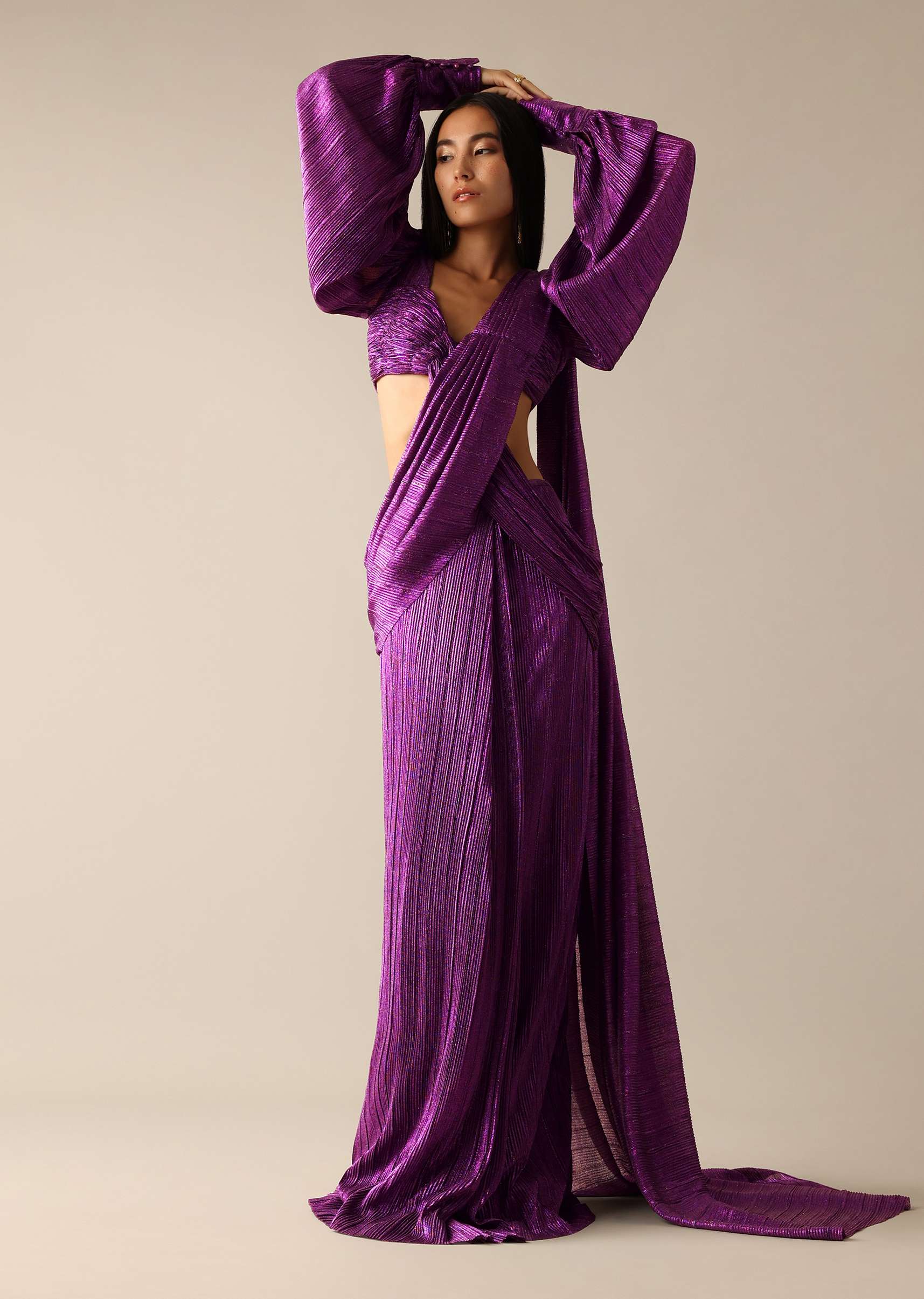 Purple Shimmer Pre-Draped Saree Gown