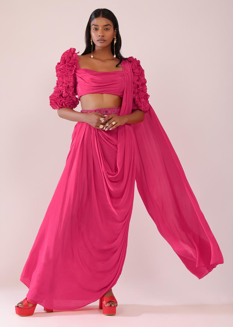 Rani Pink Drape Saree With Fancy Blouse In Crepe