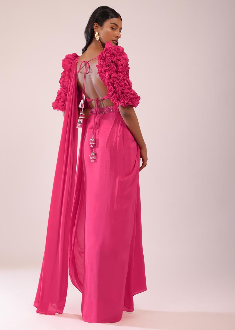 Rani Pink Drape Saree With Fancy Blouse In Crepe