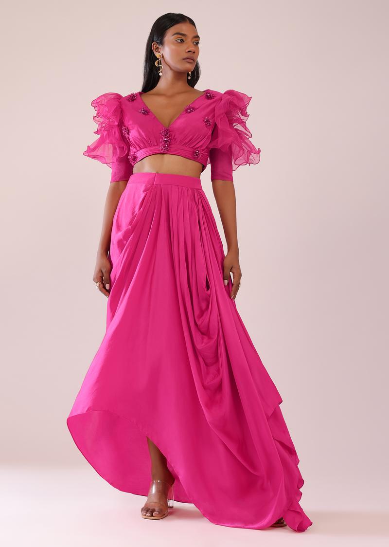 Rani Pink Cowl Draped Skirt In Satin With Ruffle Organza Blouse