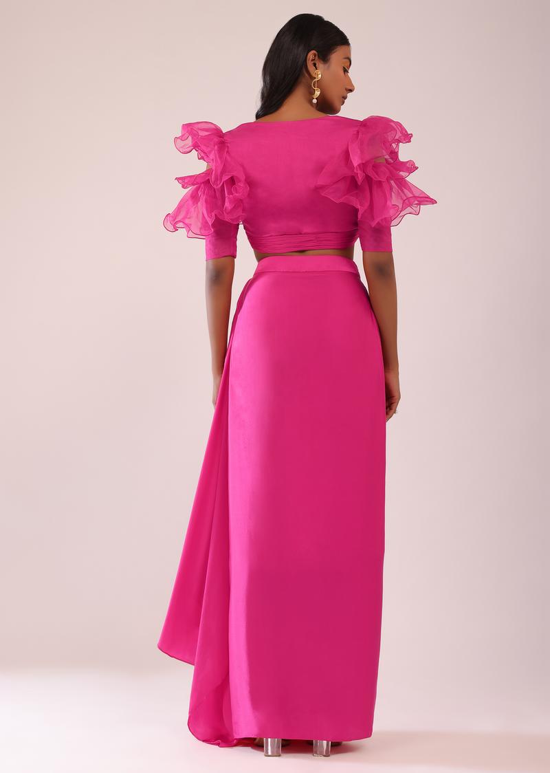 Rani Pink Cowl Draped Skirt In Satin With Ruffle Organza Blouse
