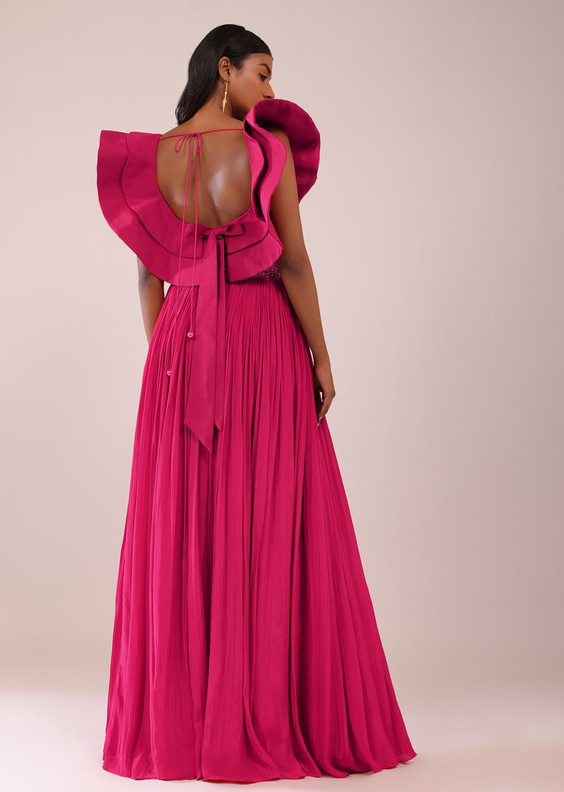 Rani Pink Hand Worked Lehenga And Blouse In Crepe With Embroidered Belt