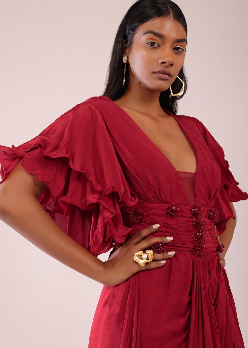 Red Saree Gown In Crepe With Frill Sleeves And Delicate Hand Embroider Roop s Couture