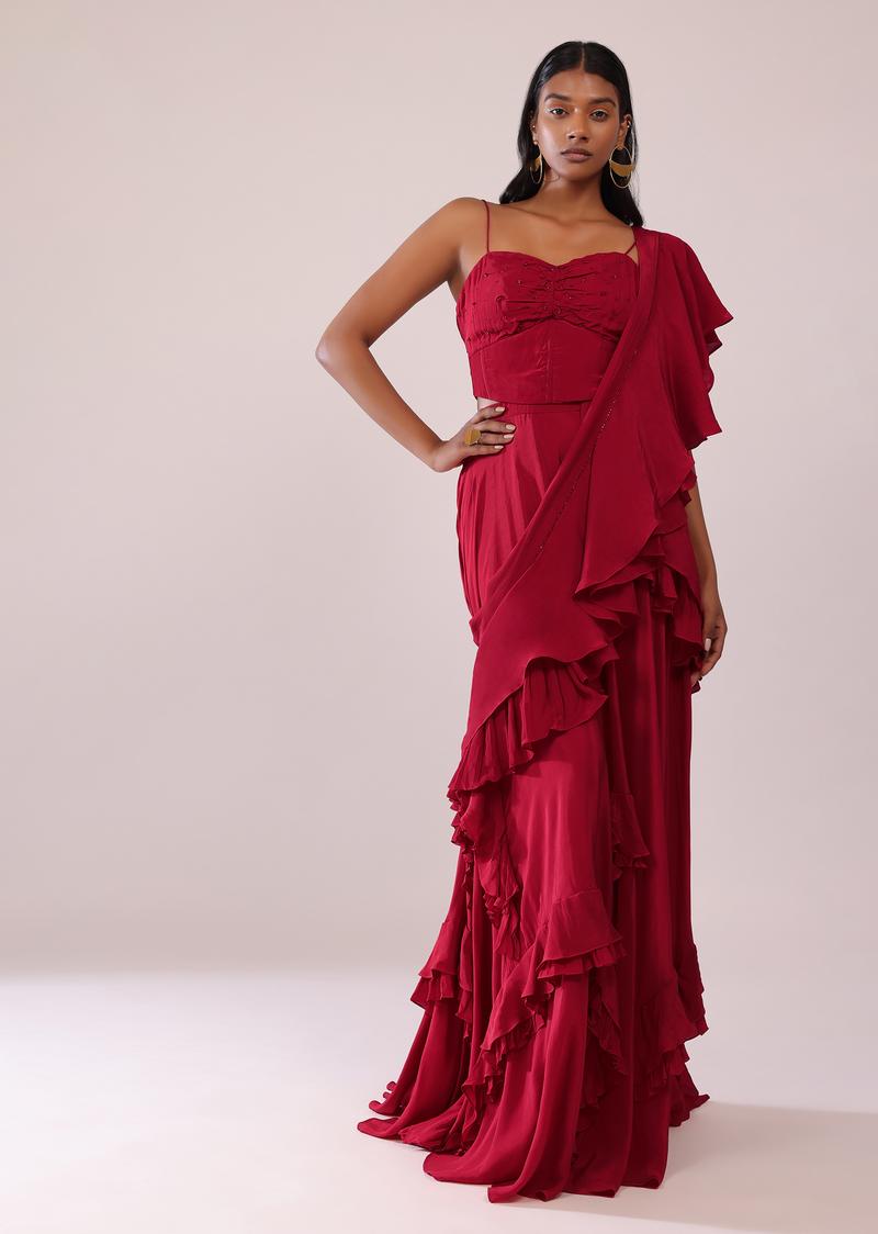 Red Layered Lehenga And Embroidered Blouse In Crepe With Attached Pallu