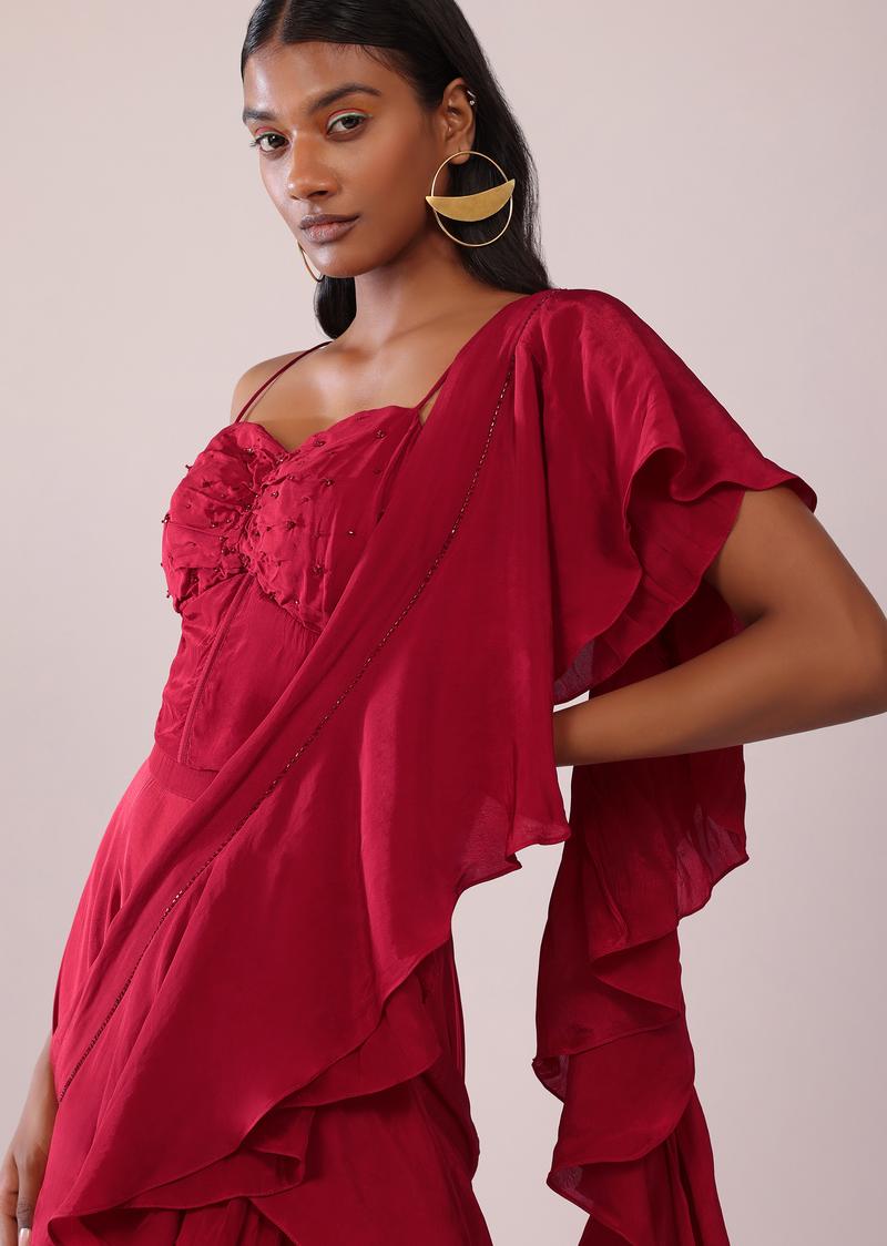 Red Layered Lehenga And Embroidered Blouse In Crepe With Attached Pallu