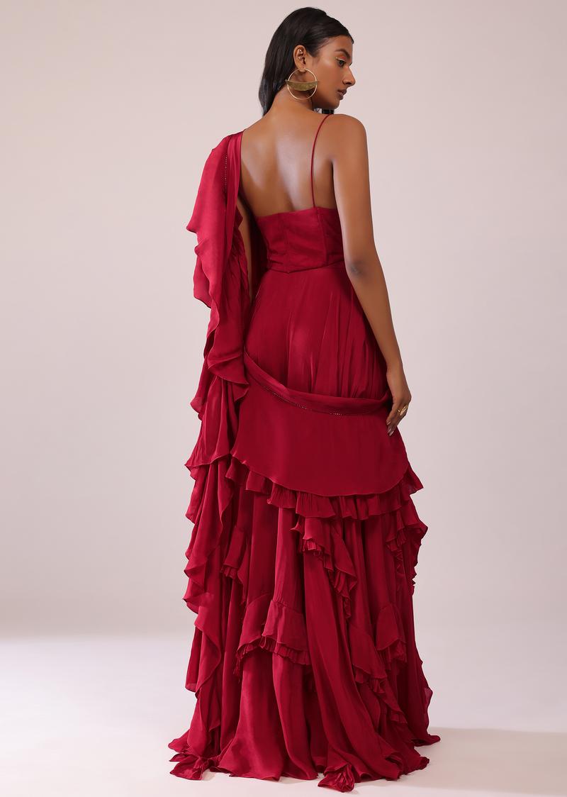 Red Layered Lehenga And Embroidered Blouse In Crepe With Attached Pallu