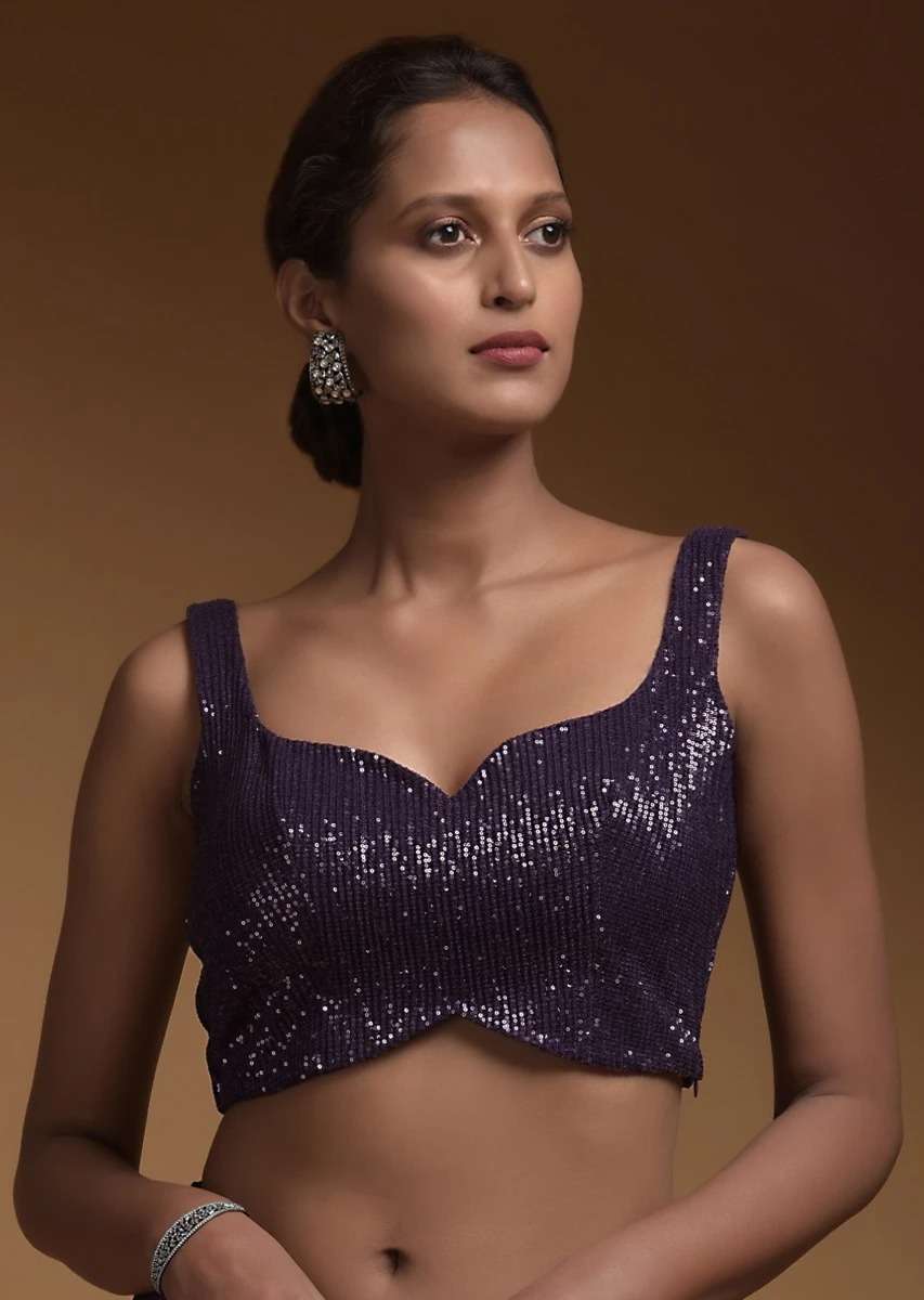 Royal Purple Crop Top Embellished In Sequins With Sweetheart Neckline