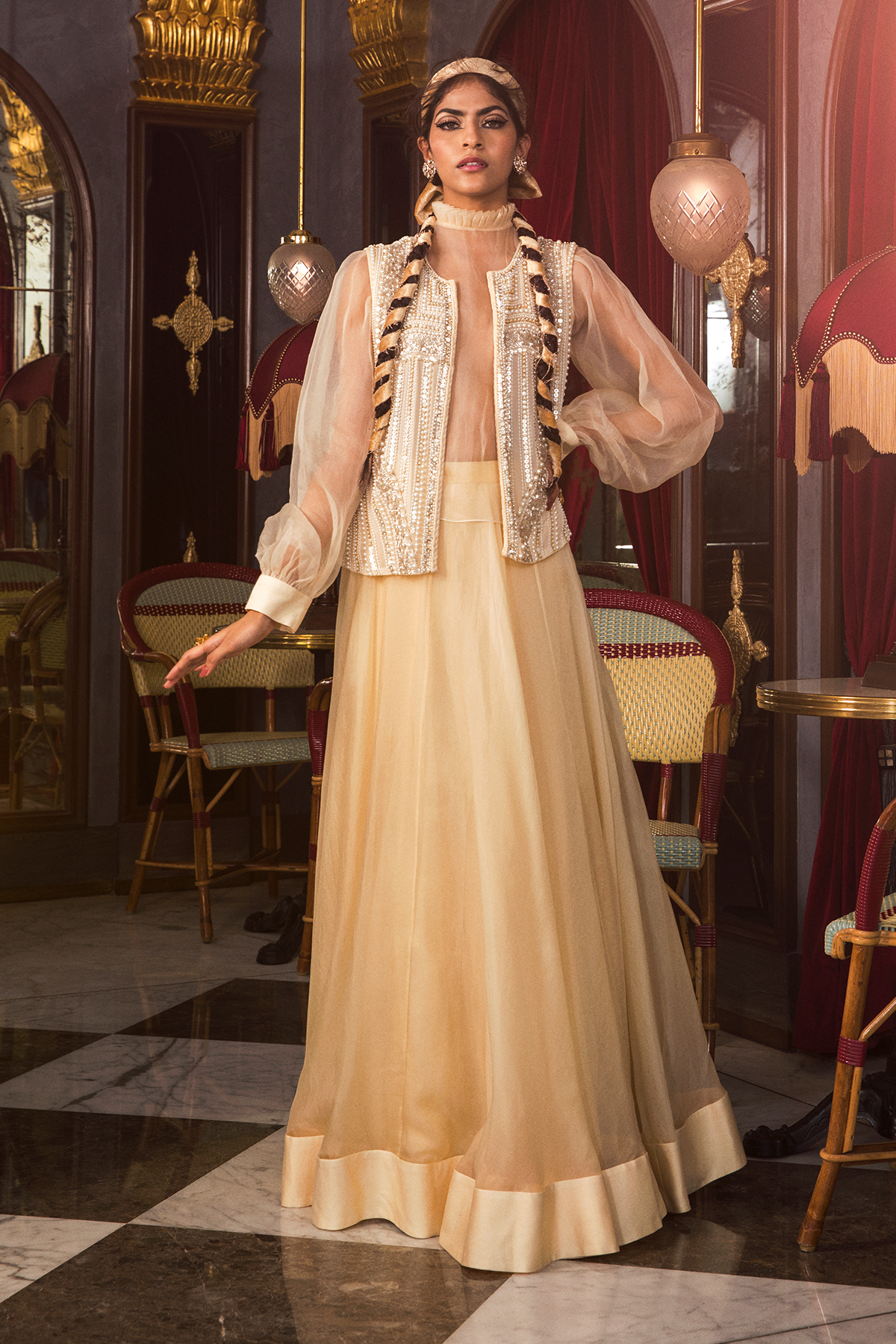 Ivory Victorian Blouse And Embroidered Open Jacket With Lehenga