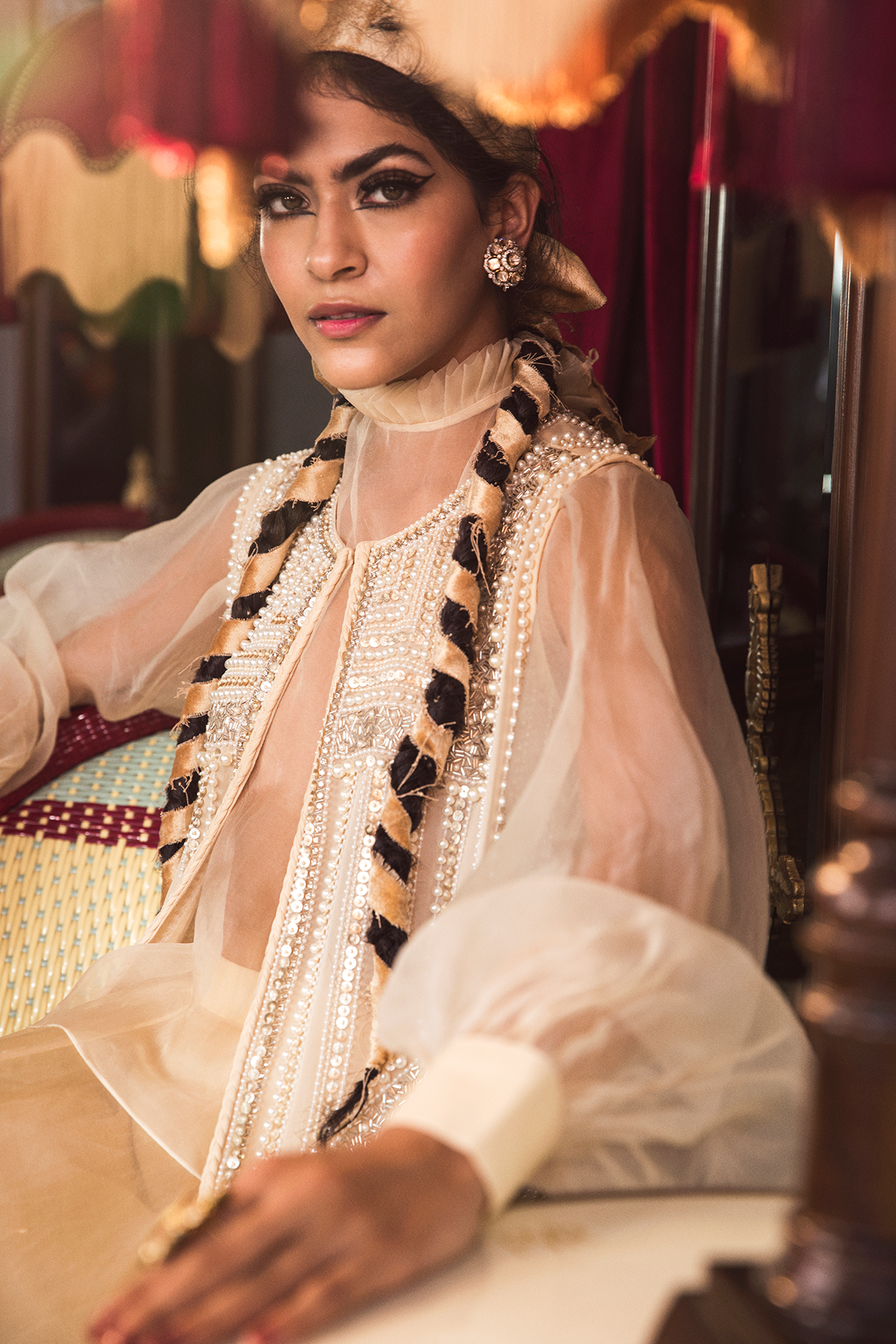 Ivory Victorian Blouse And Embroidered Open Jacket With Lehenga