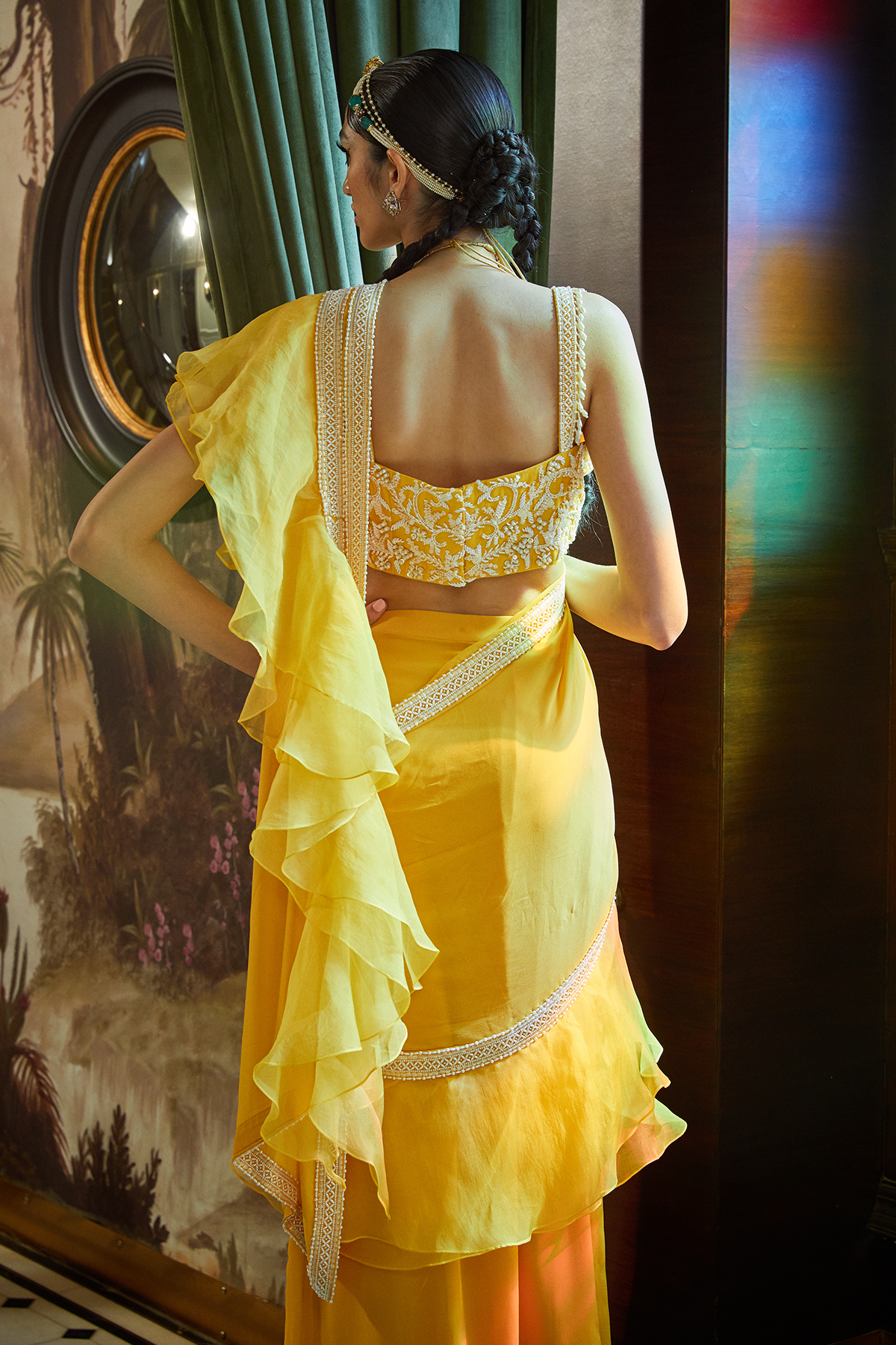 Mango Pre Stitched Ruffled Saree With Embroidered Bustier Blouse.