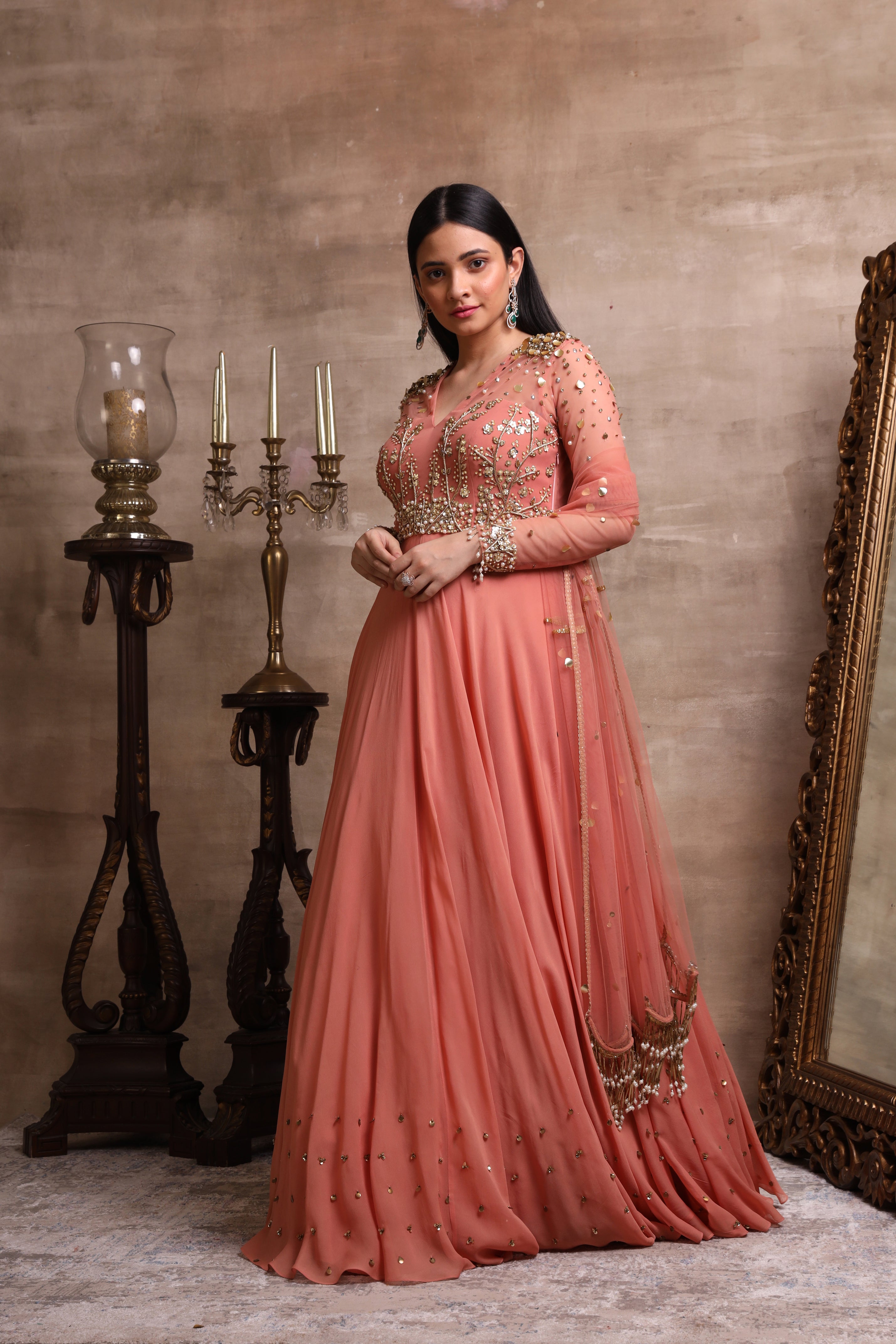 Peach Gown With Tasselled Dupatta