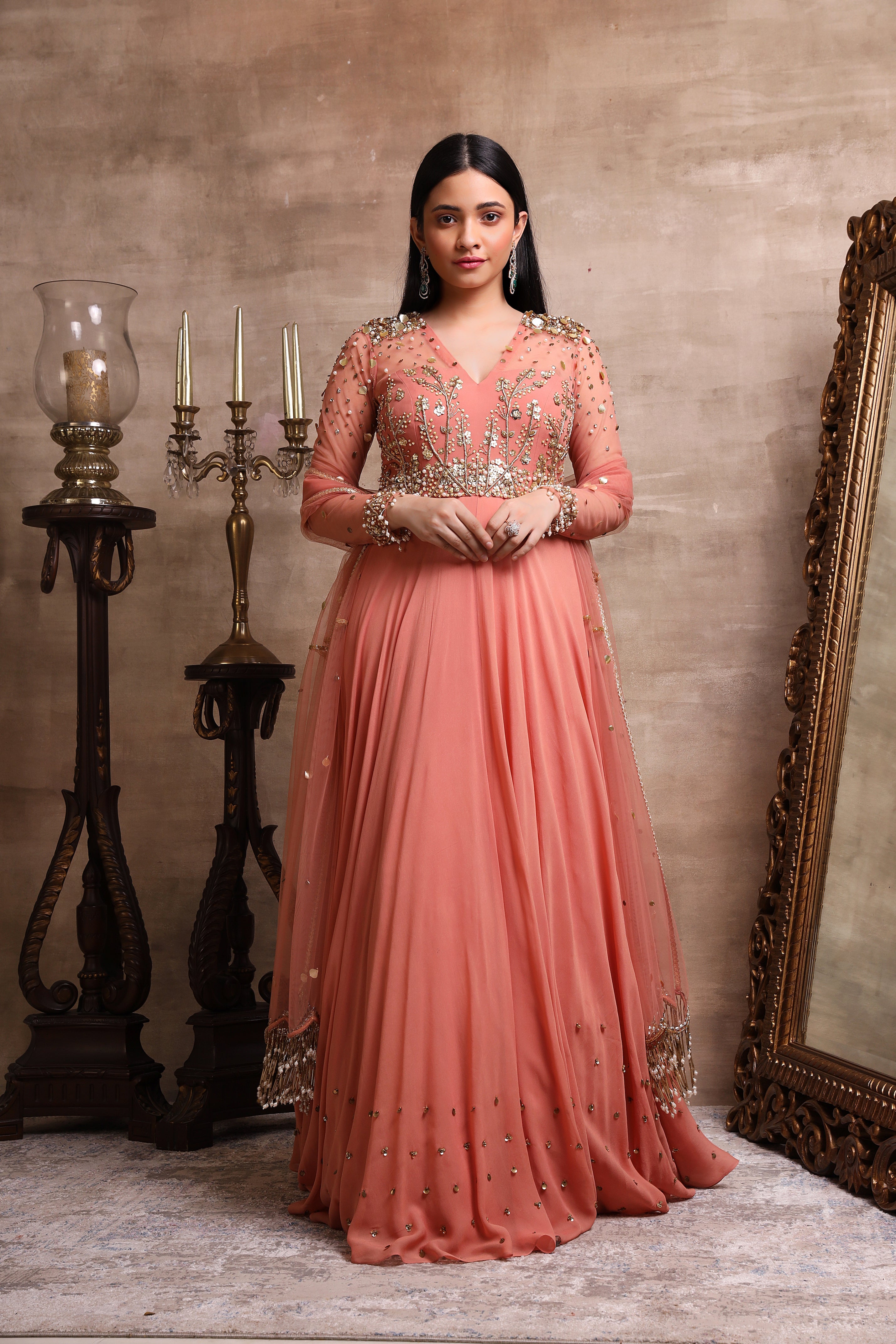 Peach Gown With Tasselled Dupatta