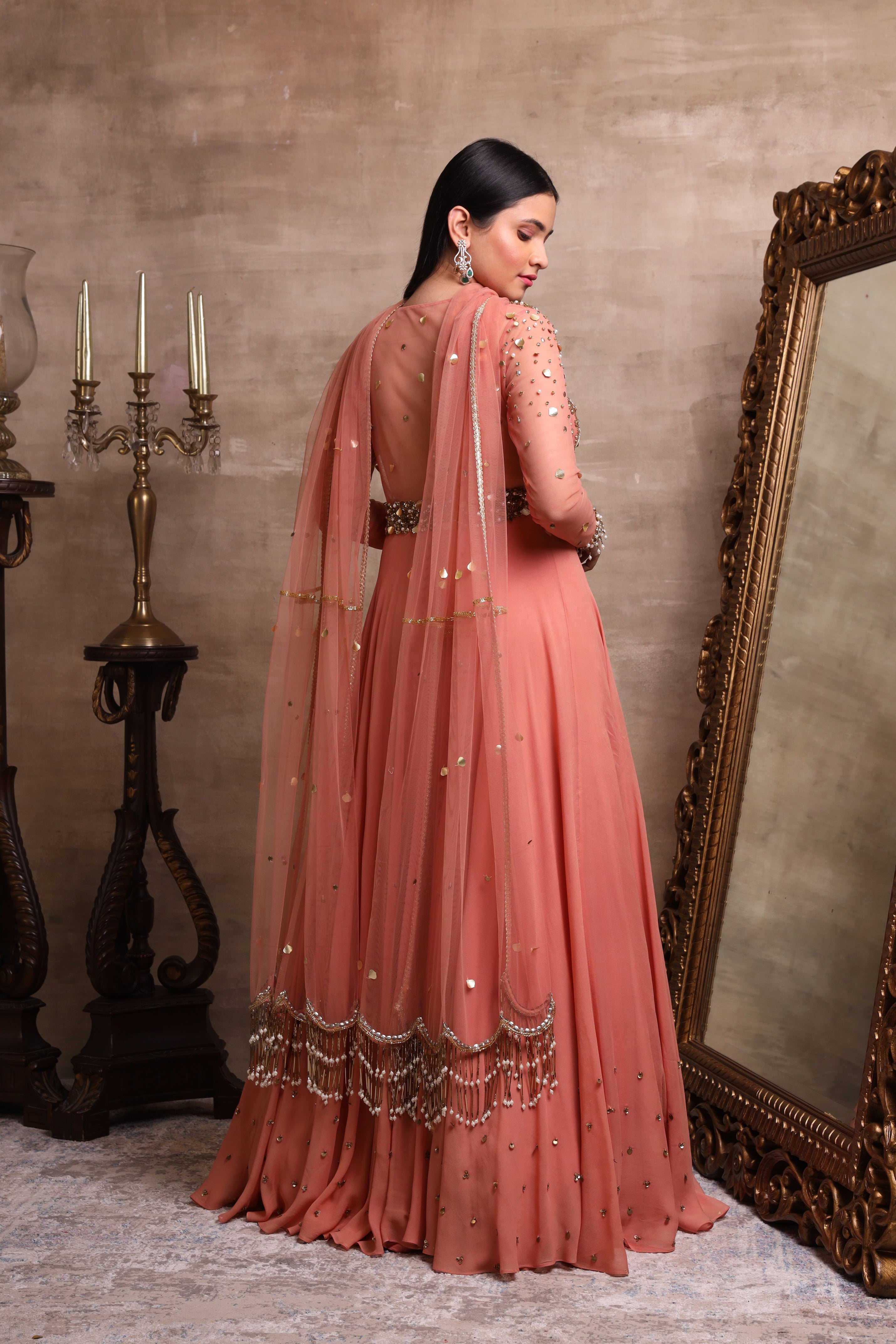 Peach Gown With Tasselled Dupatta