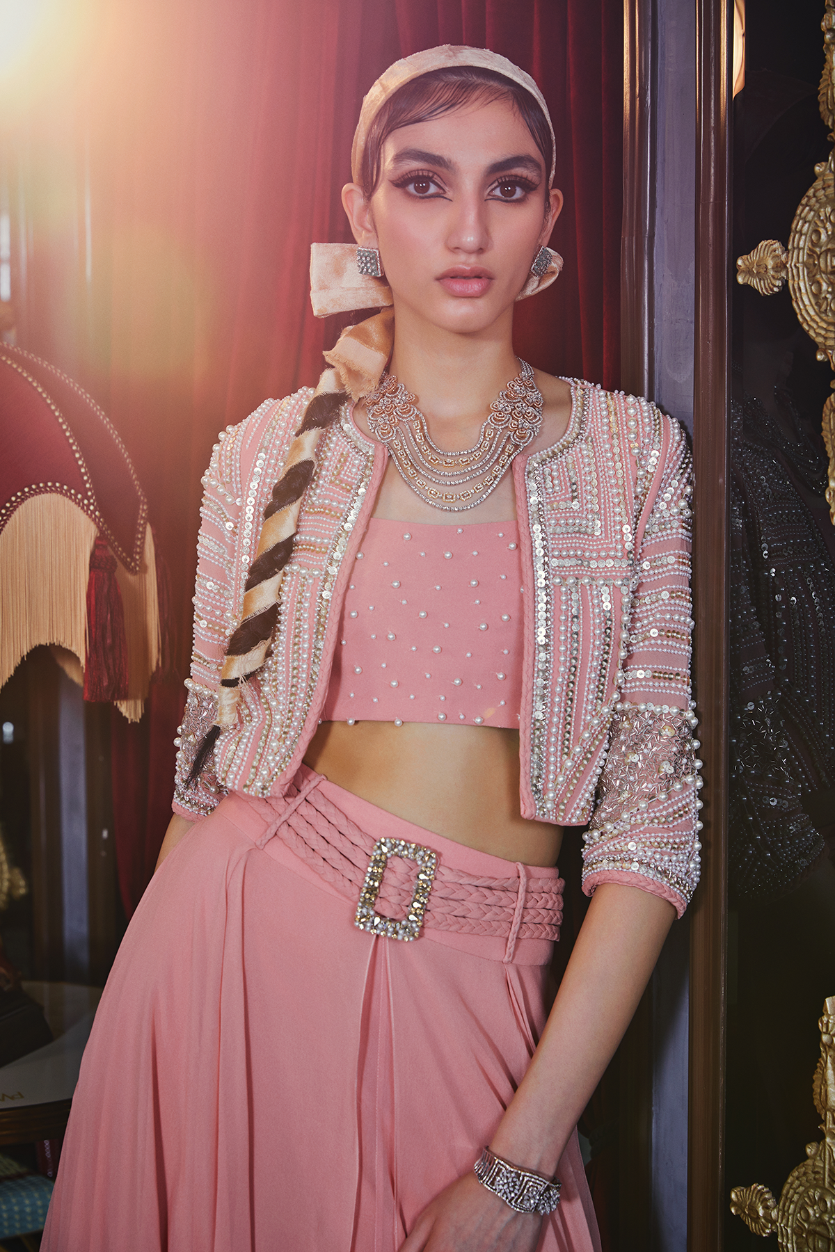 Pink Crop Top With Skirt And Jacket