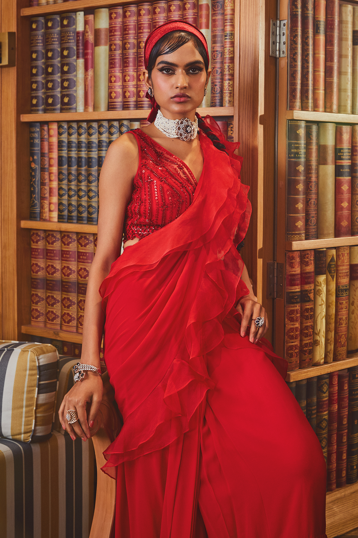 Red Pre Stitched Ruffled Saree With Blouse