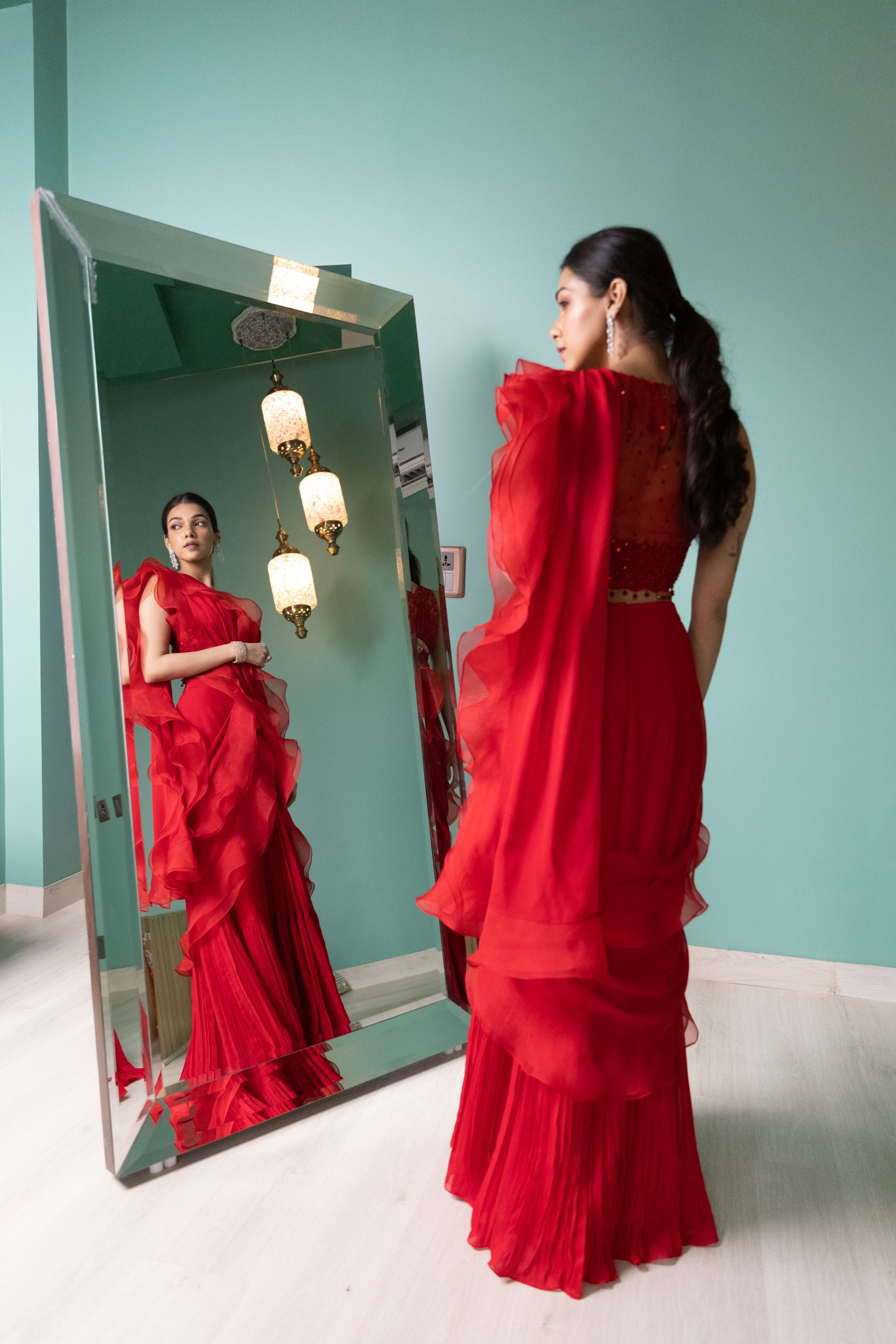 Red Tonal Embroidered Ruffle Saree