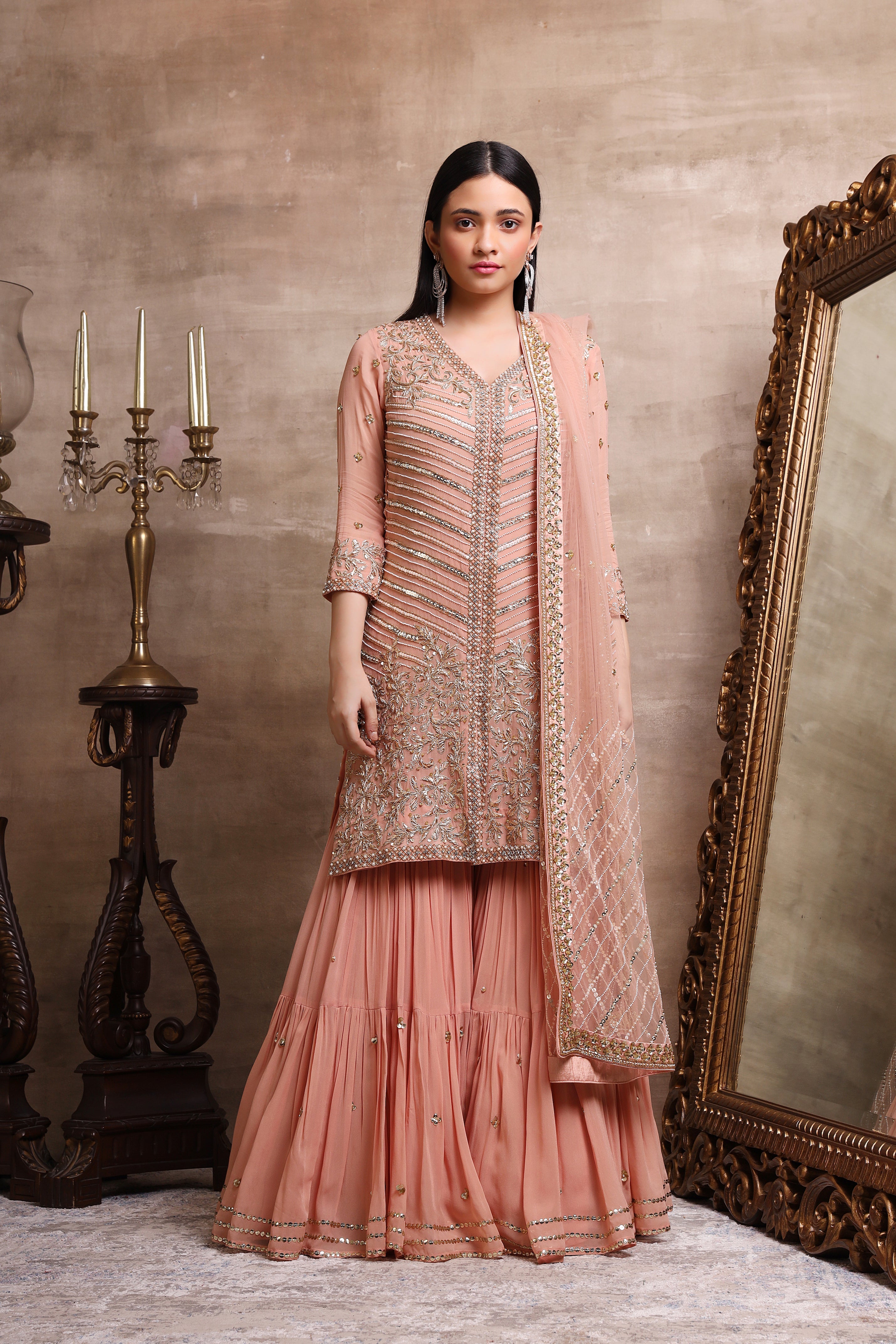 Rose Gold Embroidered Kurta And Tiered Sharara Set