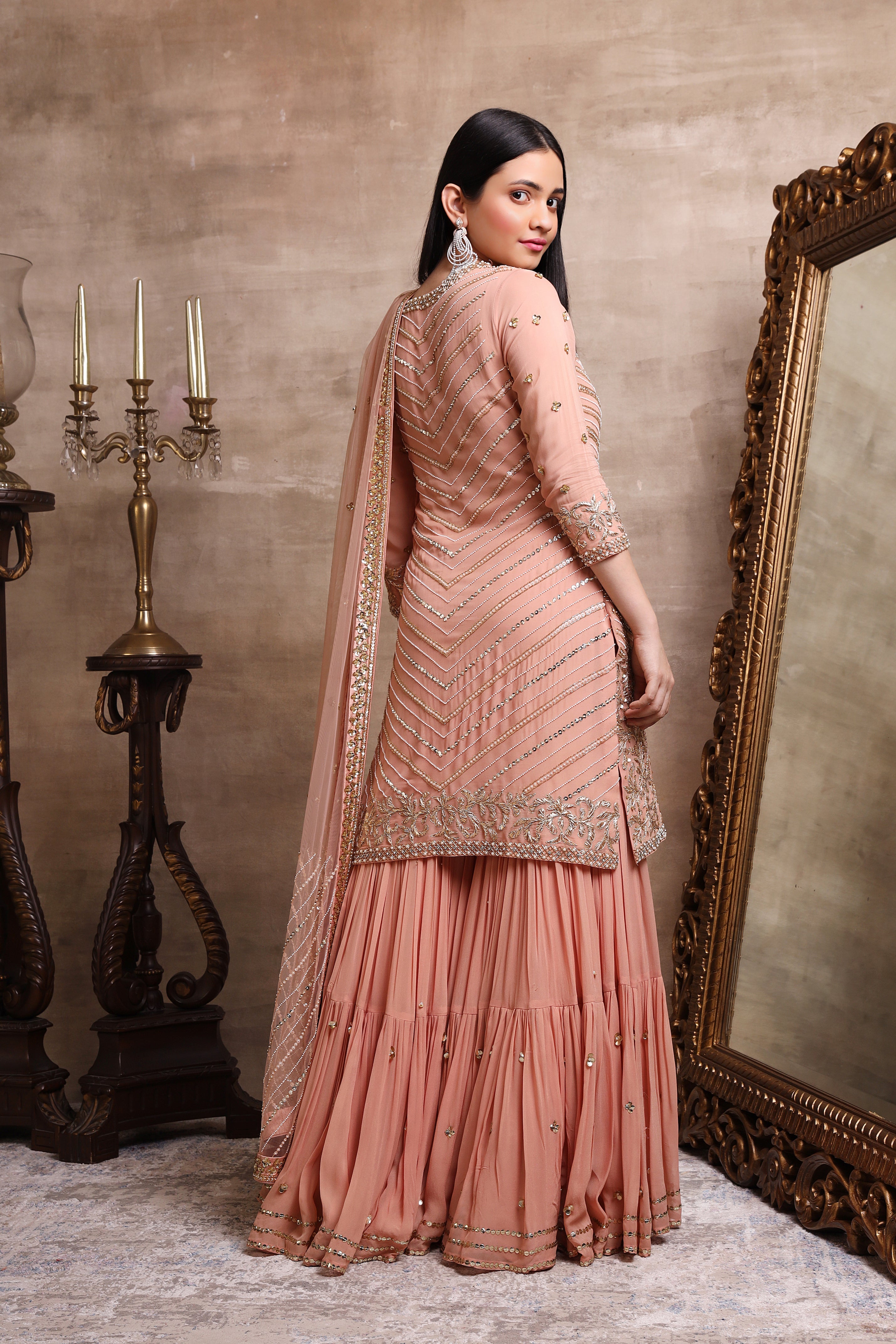 Rose Gold Embroidered Kurta And Tiered Sharara Set