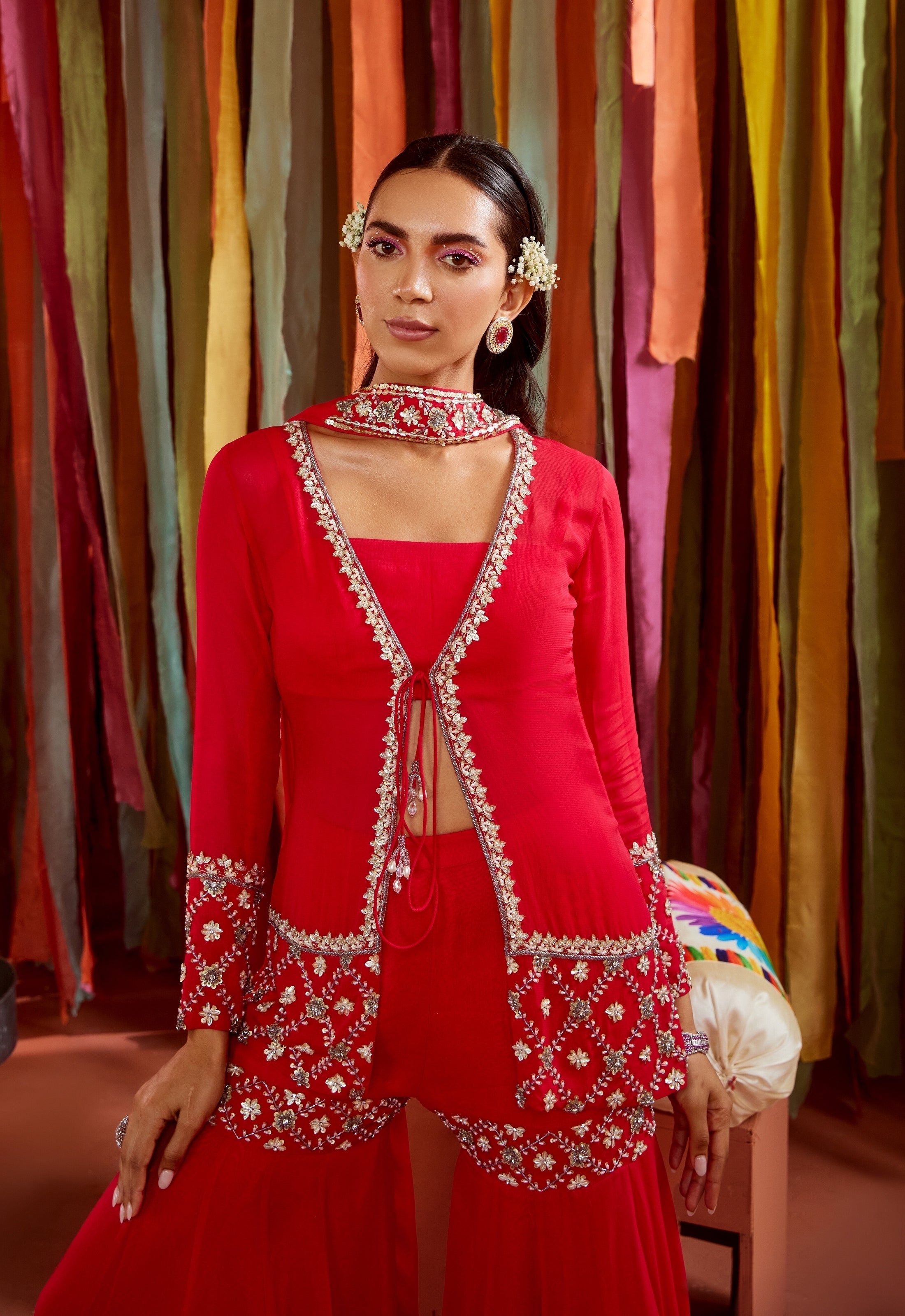 Hot Pink Short Jacket And Sharara Set