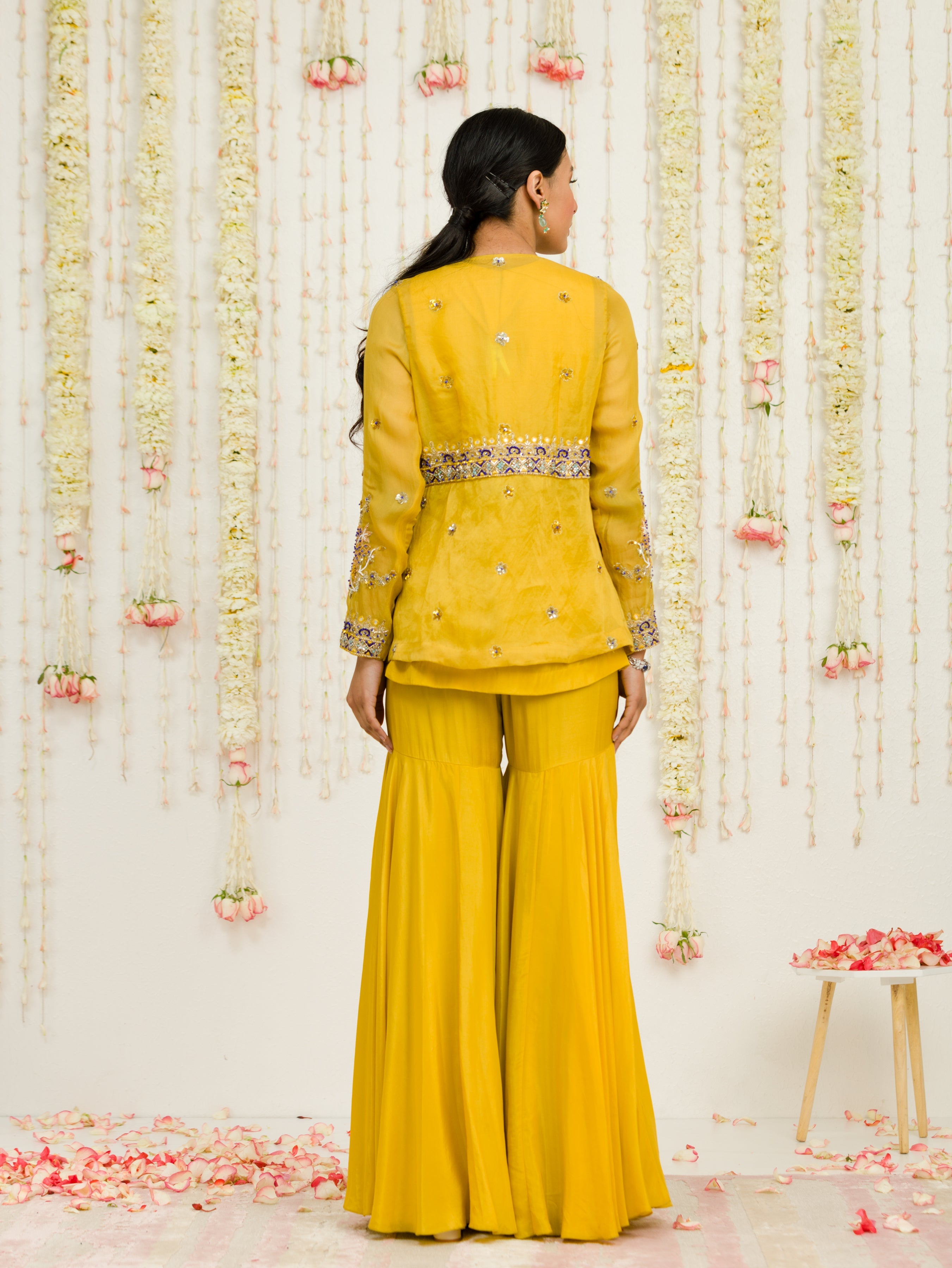 Mustard Organza Jacket And Sharara Set