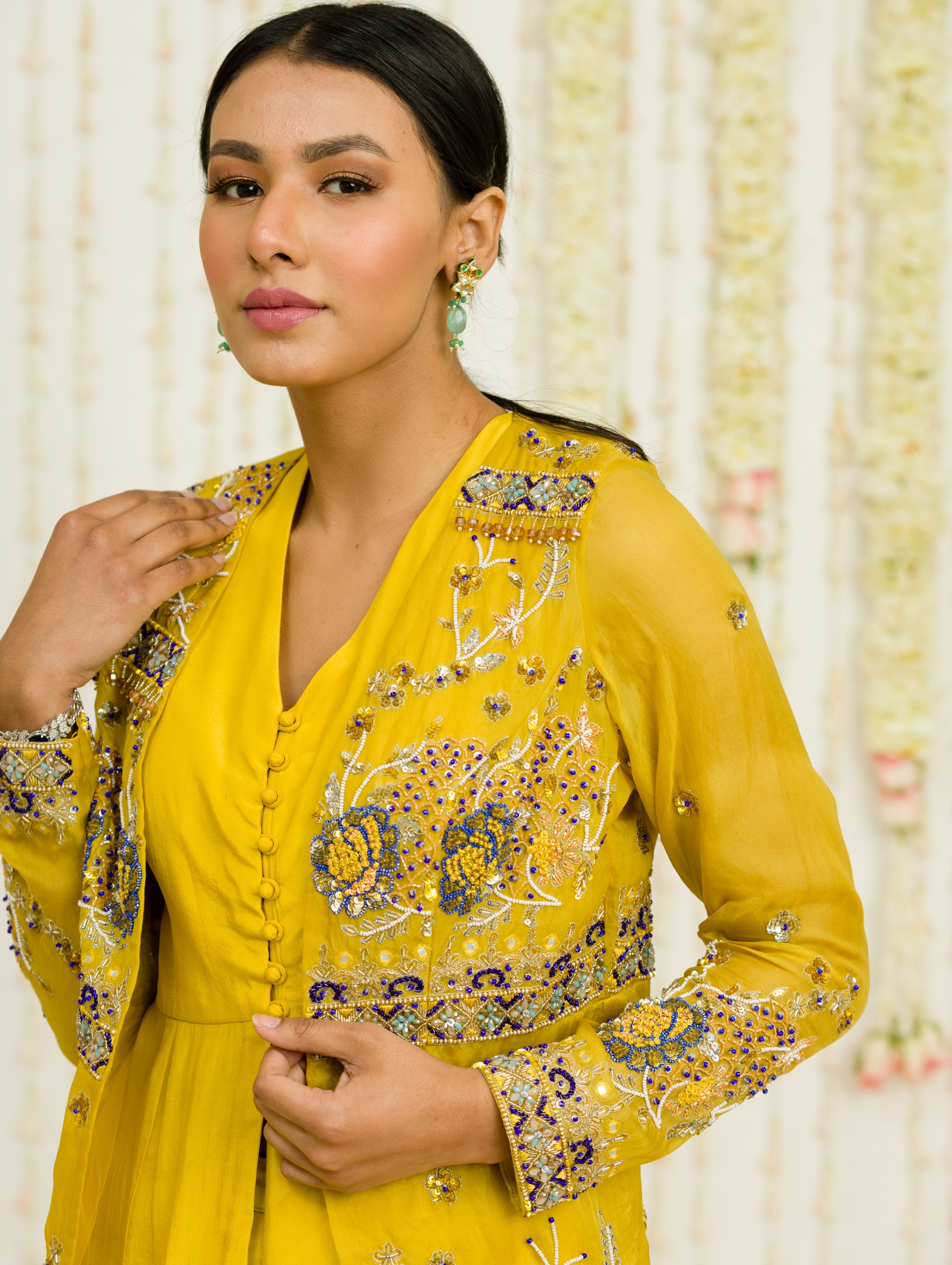 Mustard Organza Jacket And Sharara Set