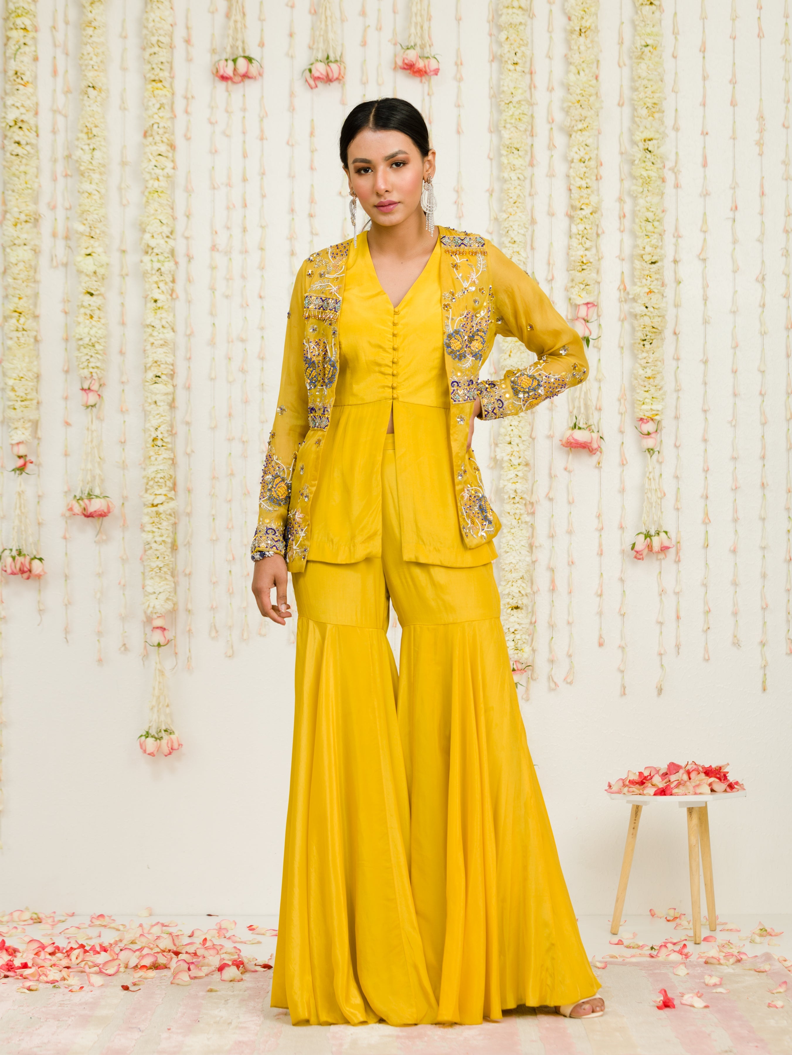 Mustard Organza Jacket And Sharara Set