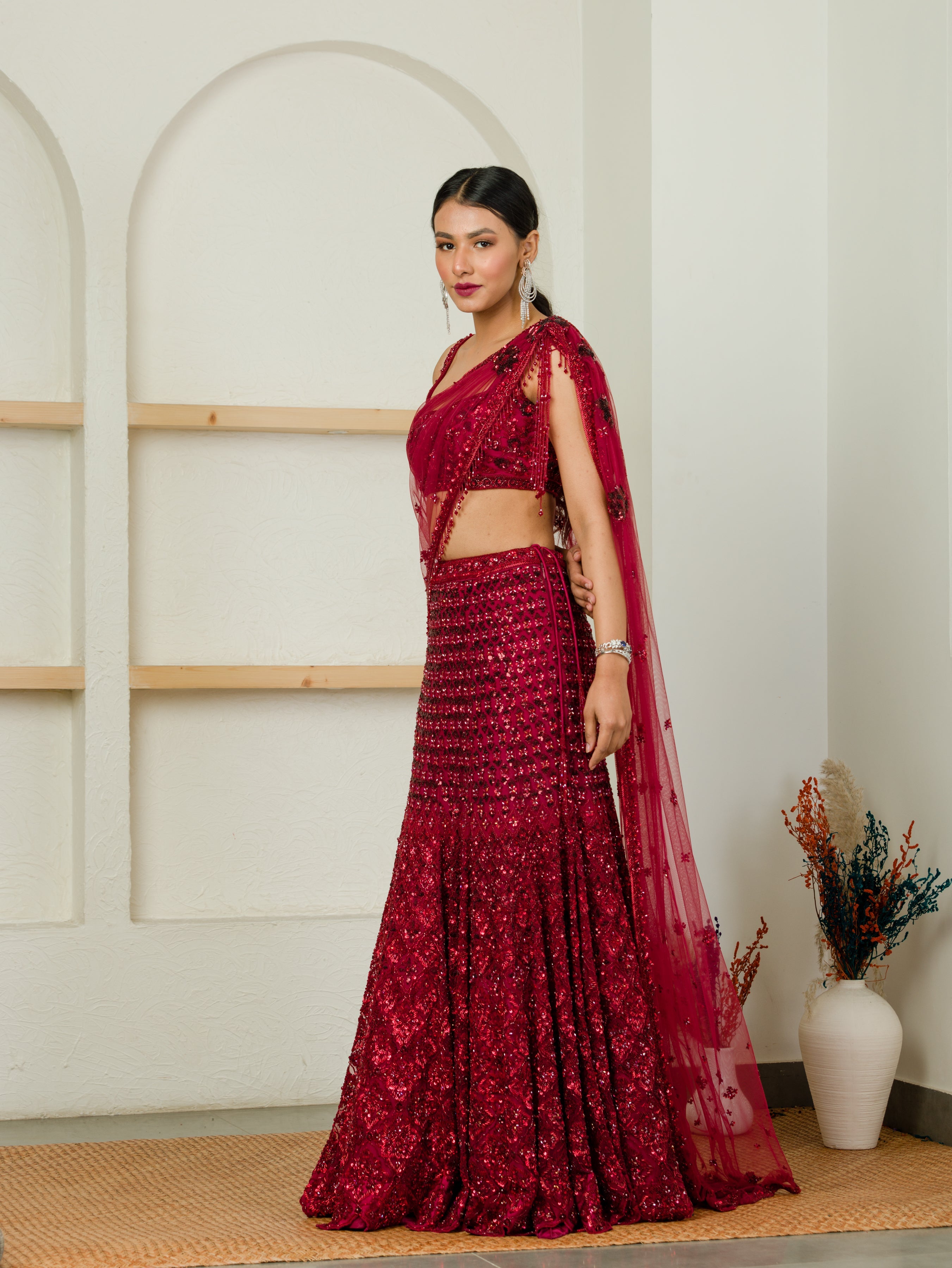 Ombre Red Hand Embroidered Lehenga And Cape Set