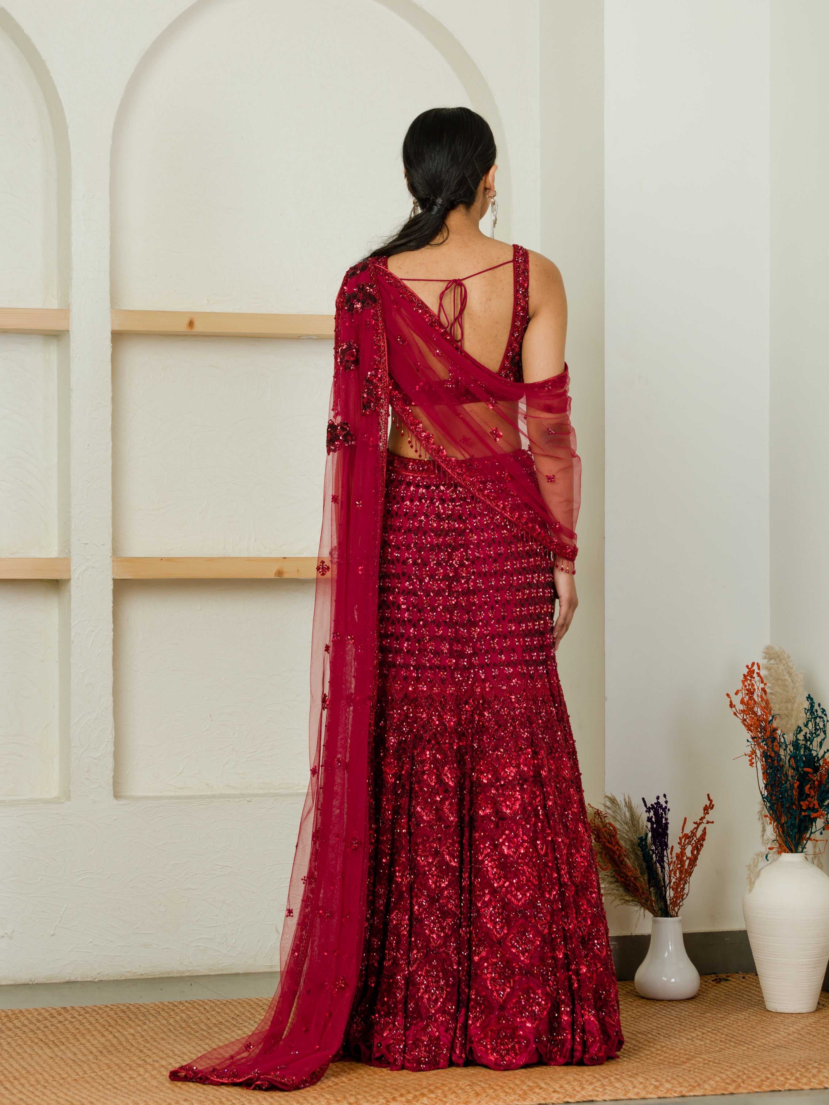 Ombre Red Hand Embroidered Lehenga And Cape Set