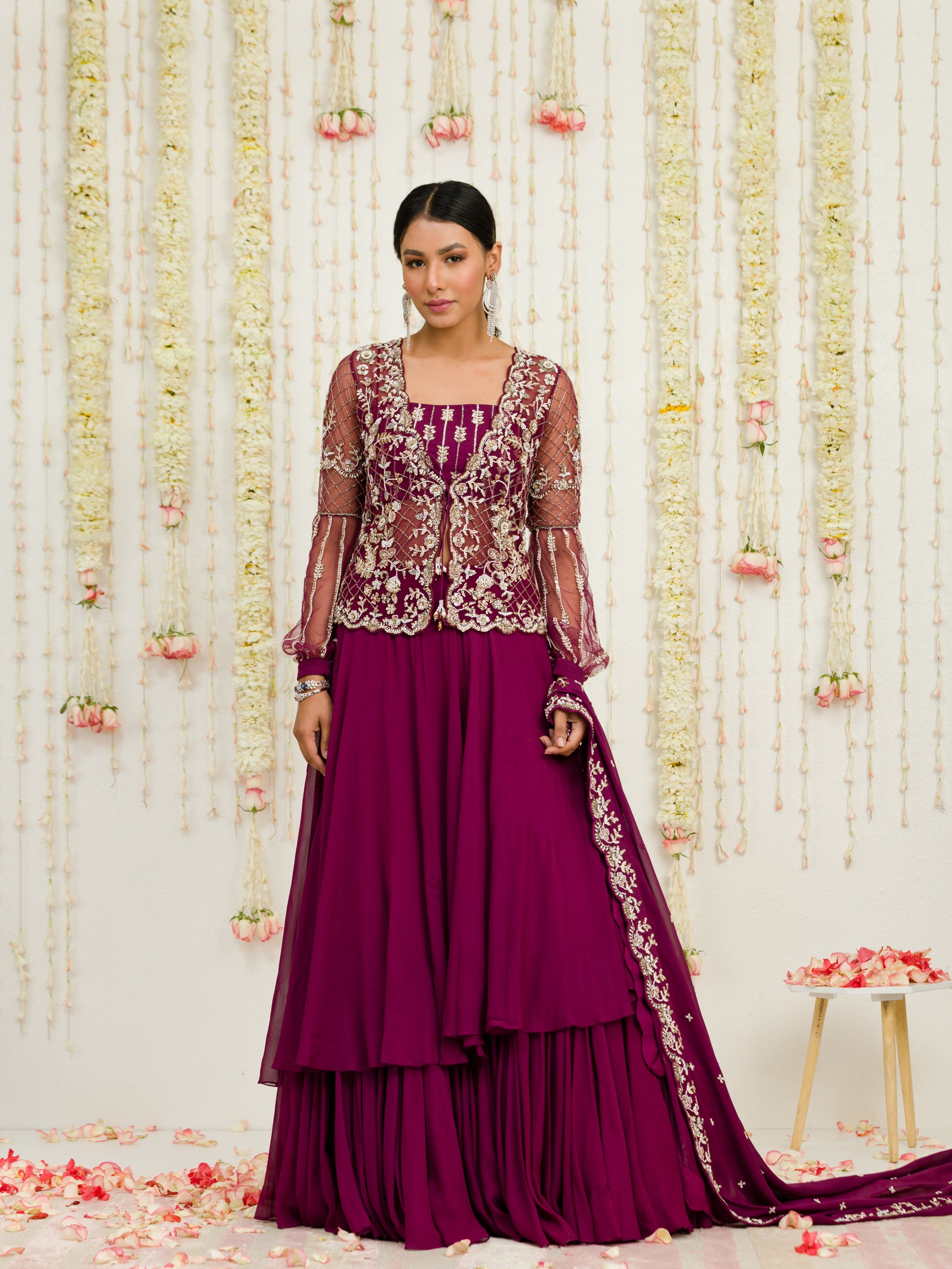 Plum Embroidered Jacket Bustier And Skirt Set