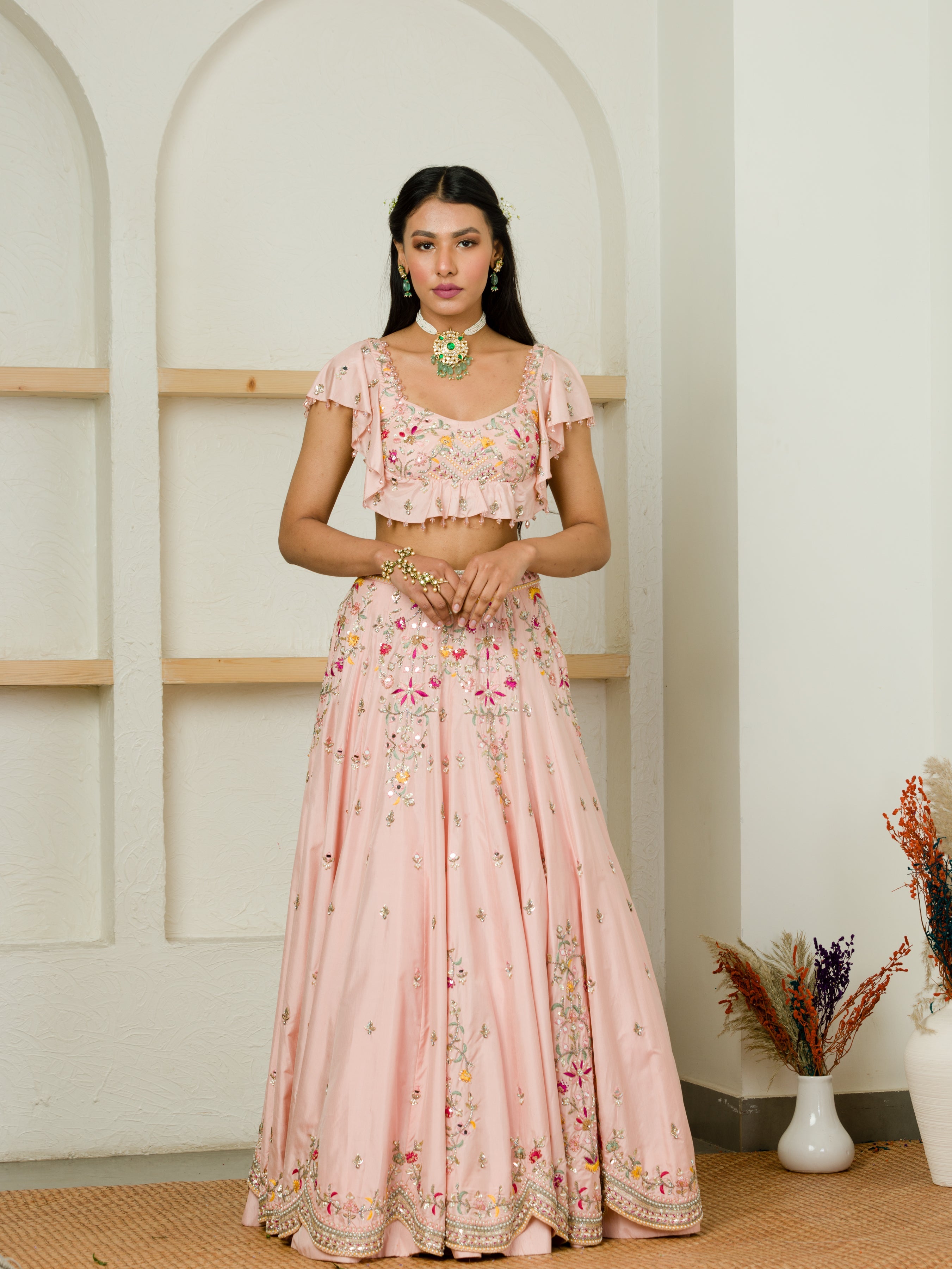 Soft Pink Multi Color Embroidered Ruffle Blouse And Lehenga Set
