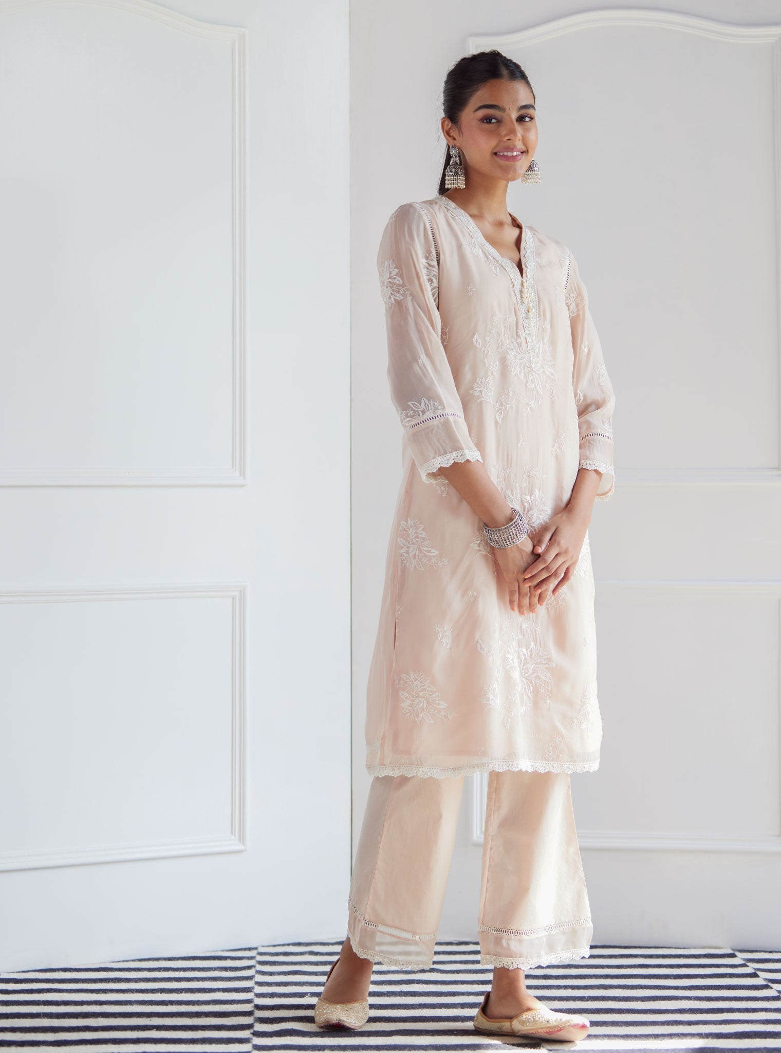 Mulmul Organza Sarah Beige Kurta With Cotton Sarah Beige Pant