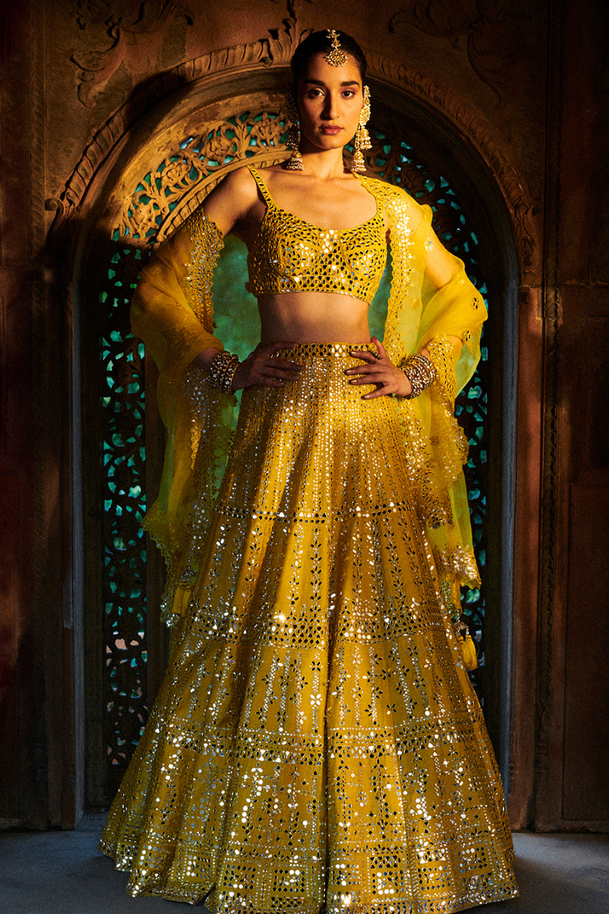 Bhumi Pednekar In Sunflower Yellow Mirror Work Lehenga Set