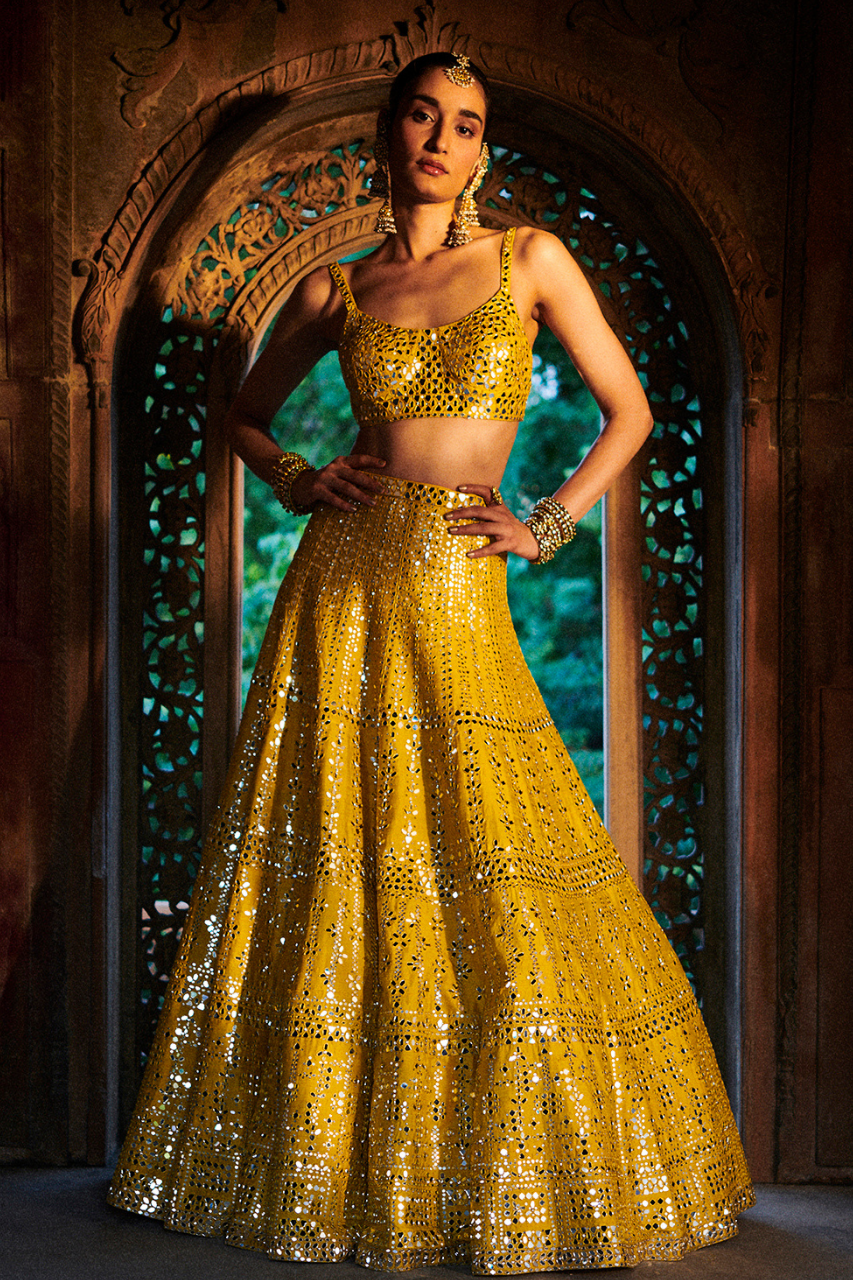 Bhumi Pednekar In Sunflower Yellow Mirror Work Lehenga Set