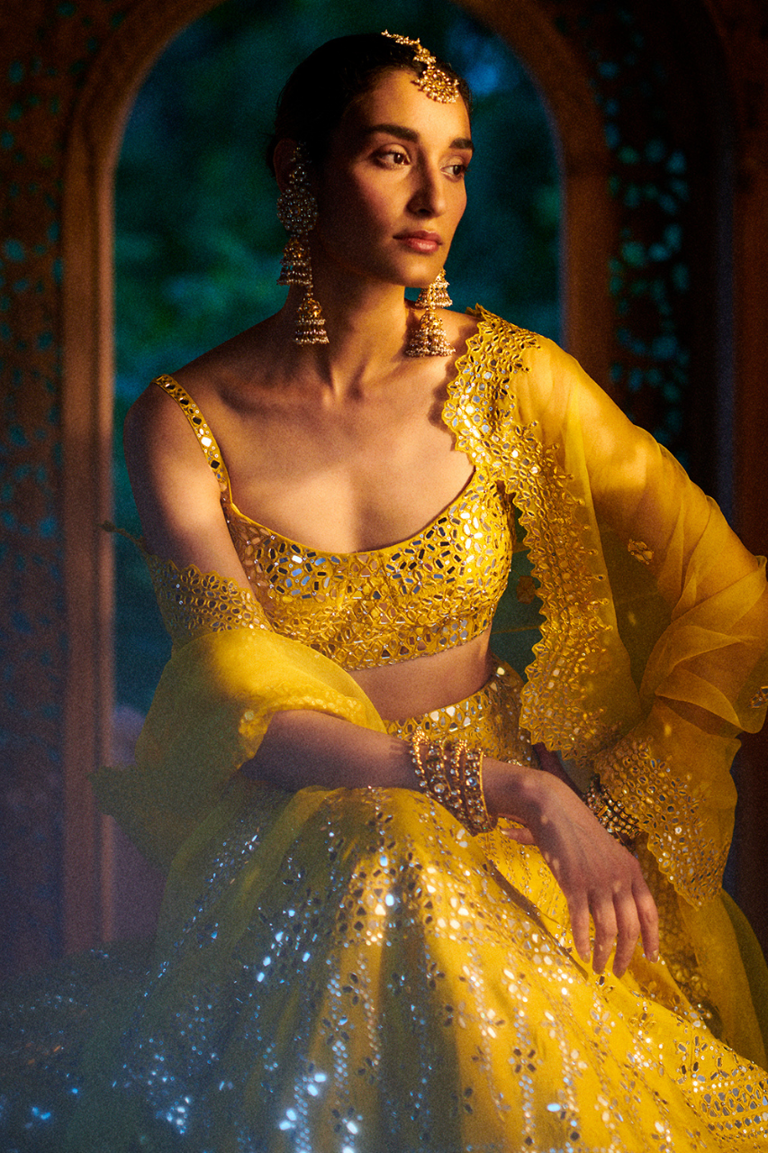 Bhumi Pednekar In Sunflower Yellow Mirror Work Lehenga Set