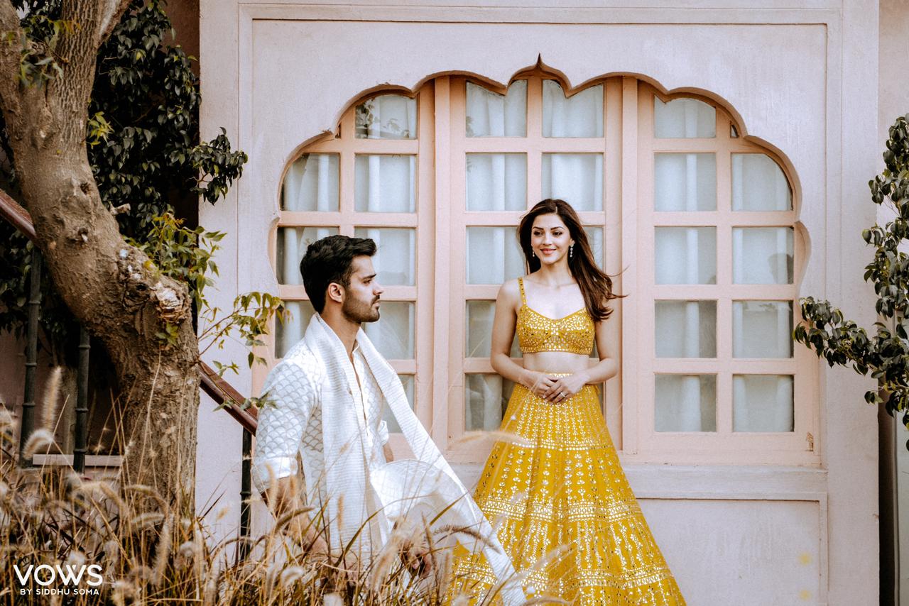 Mehreen Kaur Pirzada In Sunflower Yellow Mirror Work Lehenga Set