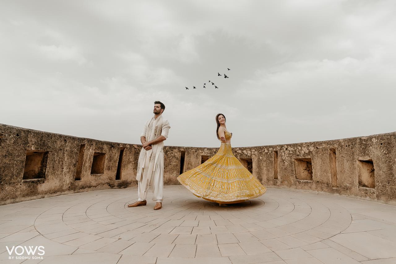 Mehreen Kaur Pirzada In Sunflower Yellow Mirror Work Lehenga Set