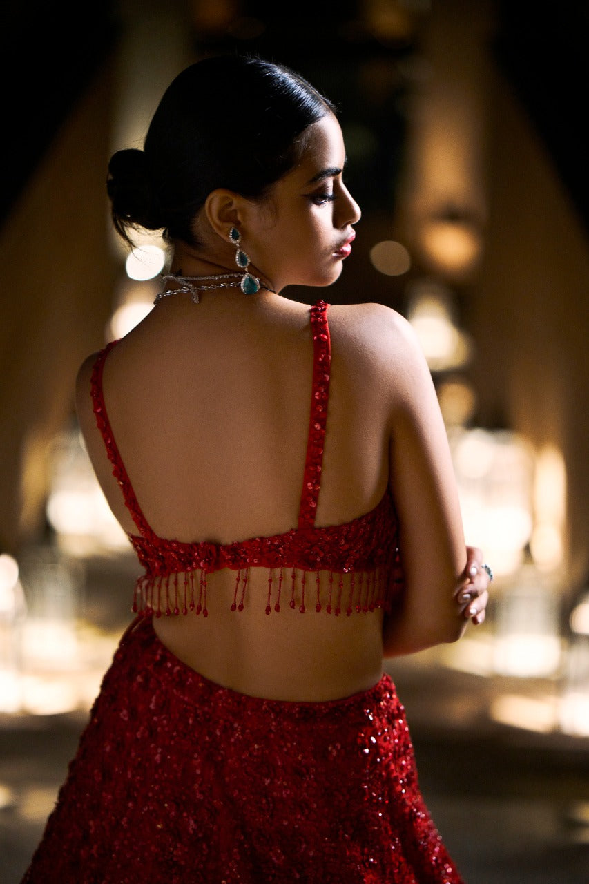 Red Sequin Lehenga Set