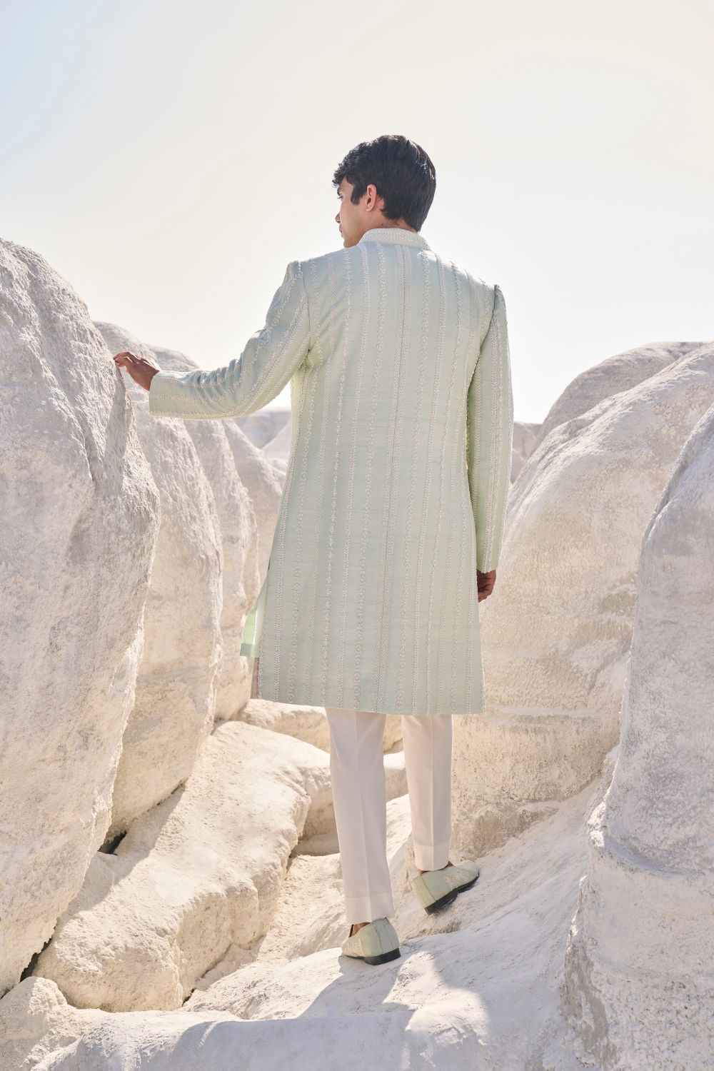 Sea Green Pearl Open Sherwani Set