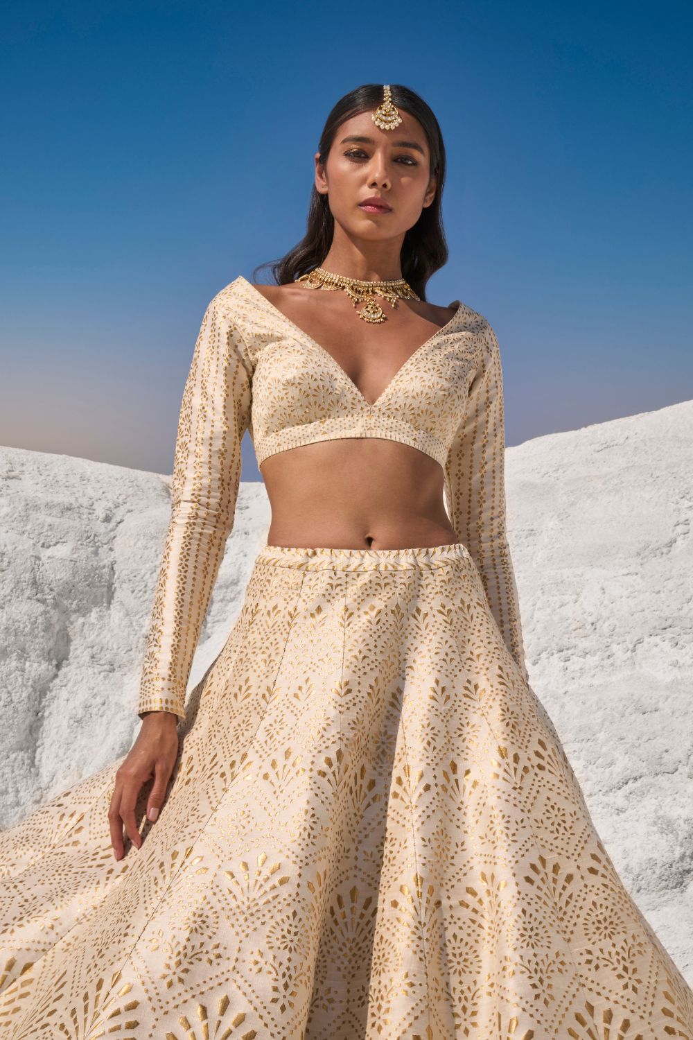 Cream Gold Cut Work Lehenga Set