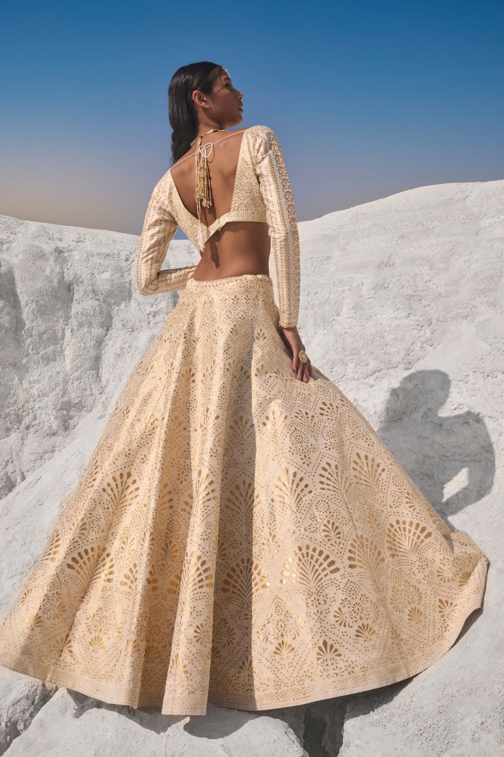 Cream Gold Cut Work Lehenga Set