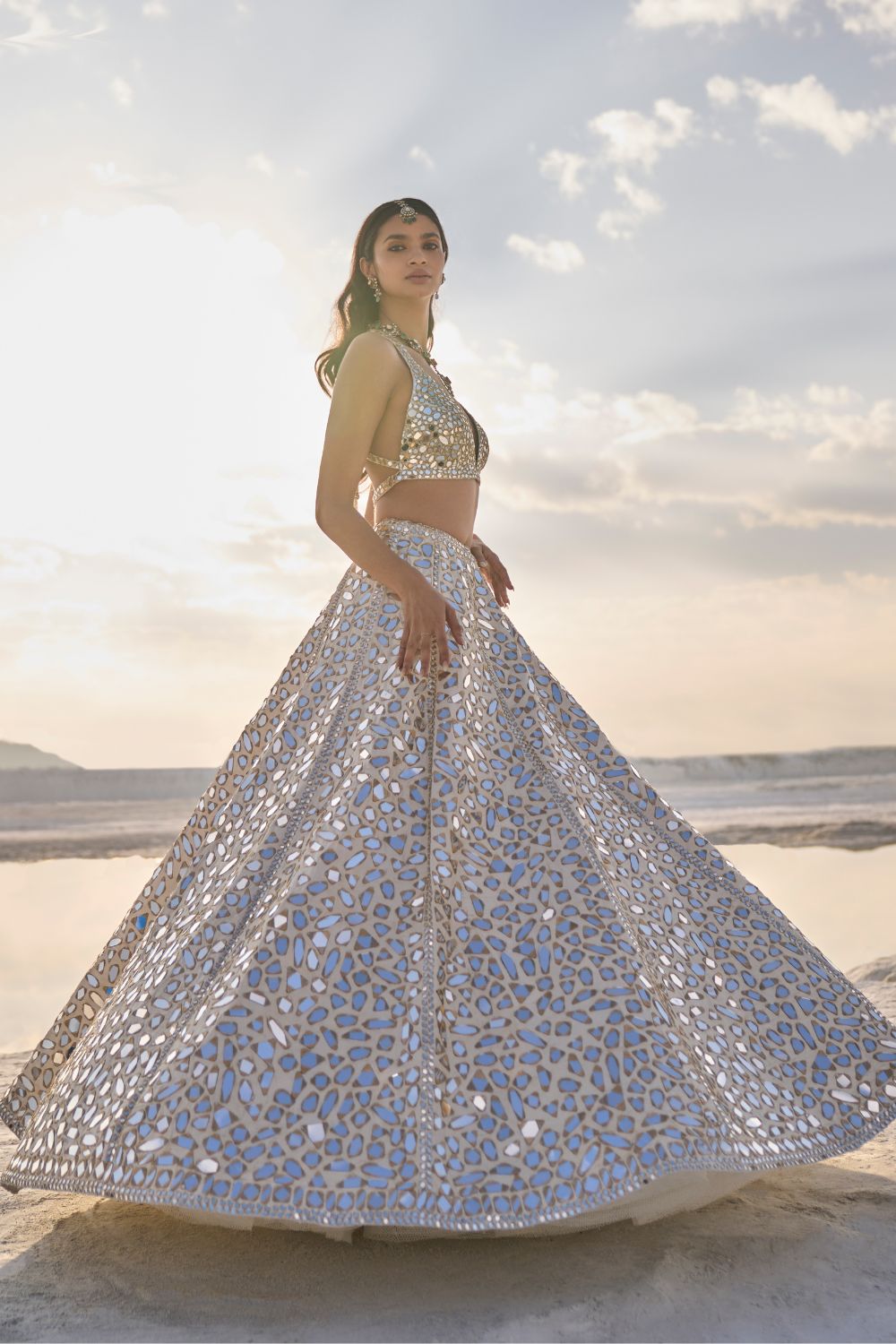 Cream Gold Mirror Work Lehenga Set