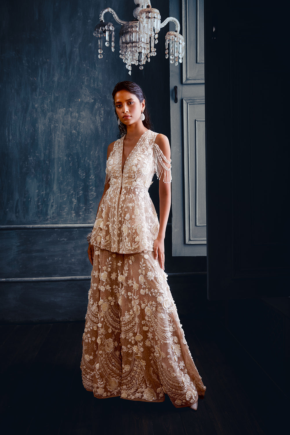 Nude Three-Dimensional Floral Sharara Set