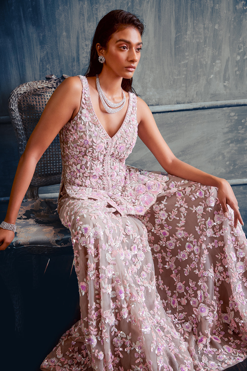 Pastel Floral Sequin Sharara Set