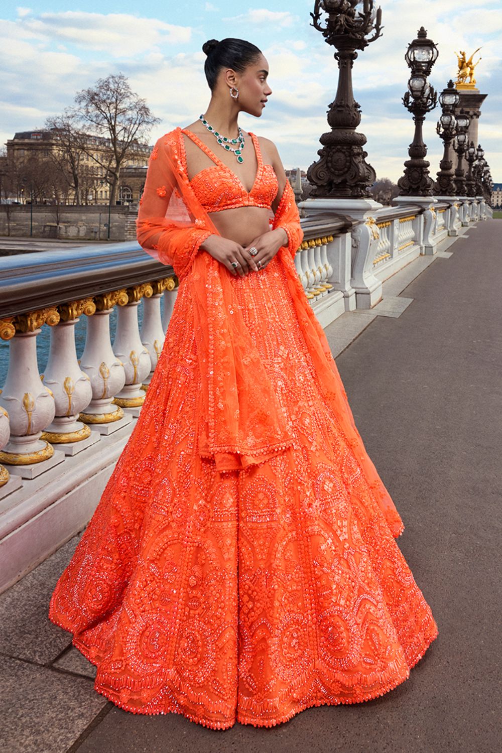 Neon Orange Sequin Lehenga Set