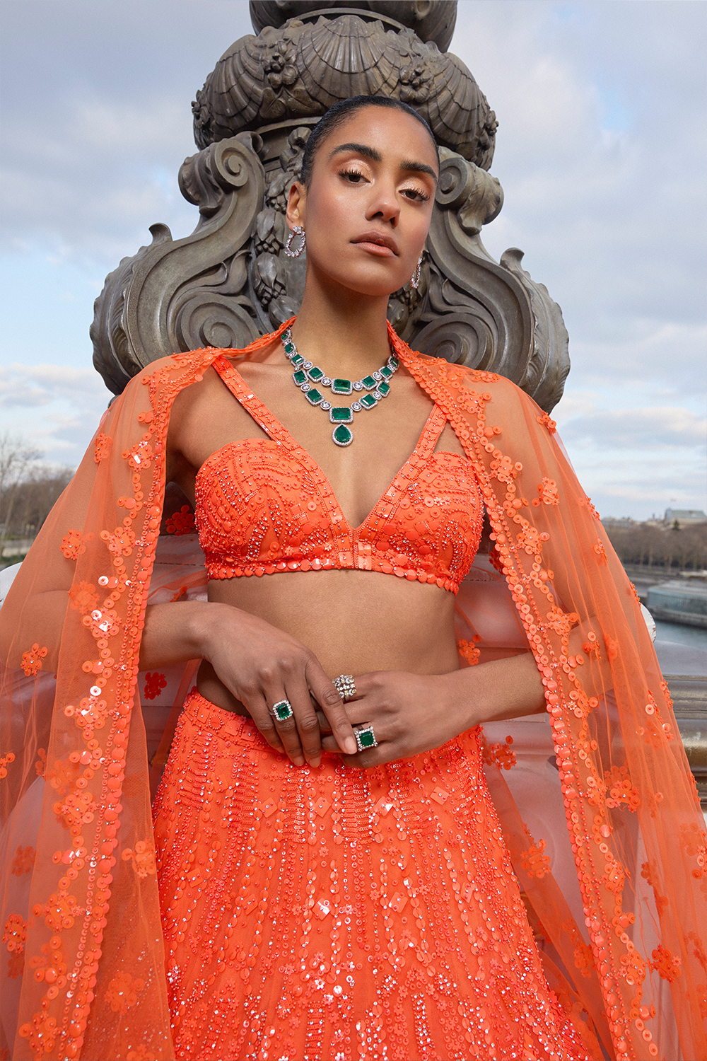 Neon Orange Sequin Lehenga Set